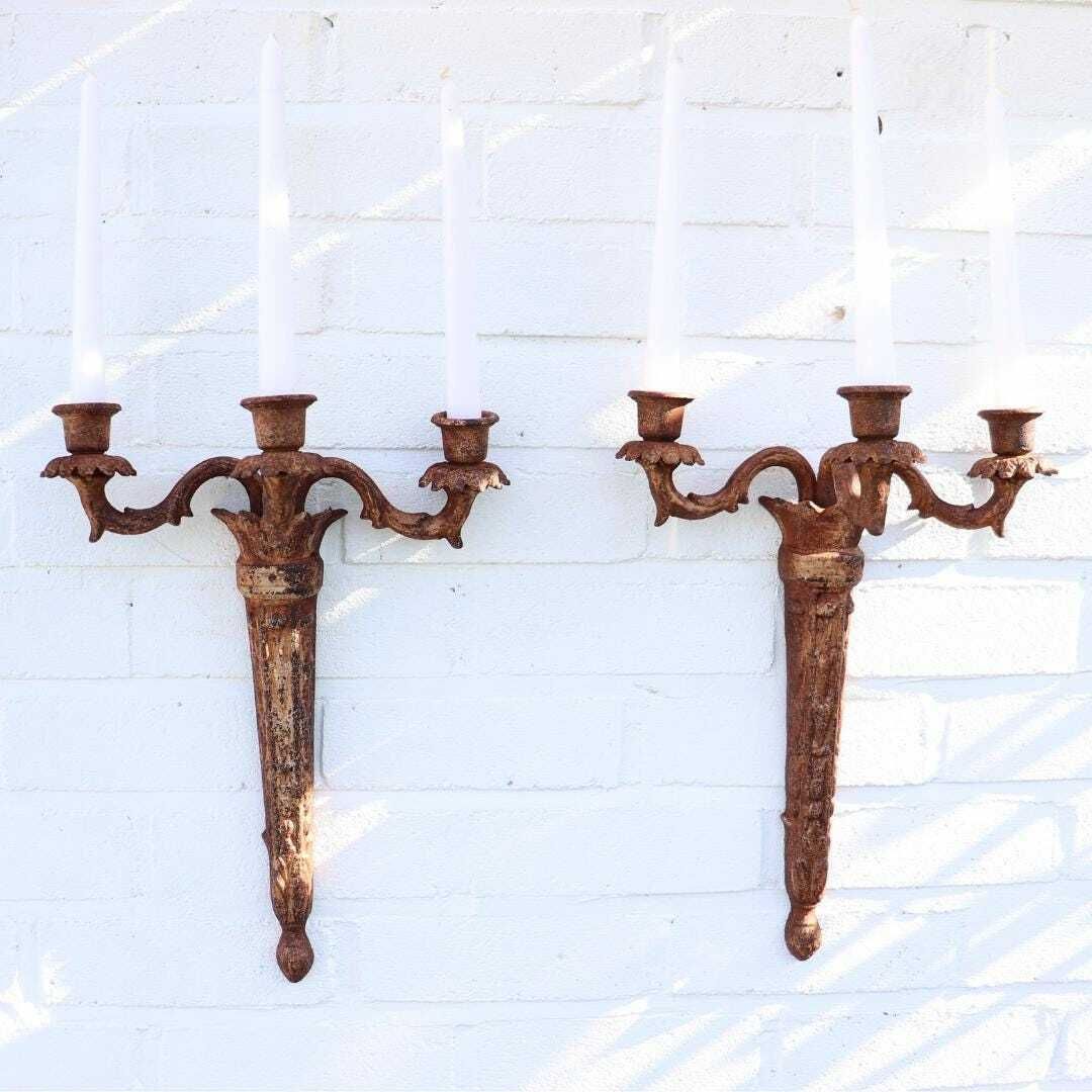 Empire Style French Cast Iron Wall Candle Sconces With 3 Arms Pair. Distressed Wall Sconces photo furniture