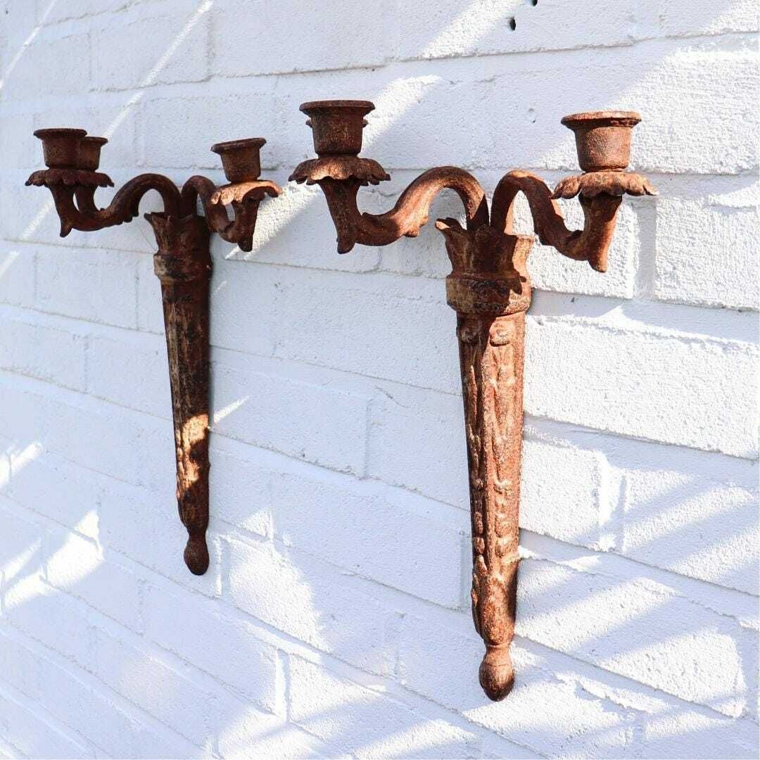 Empire Style French Cast Iron Wall Candle Sconces With 3 Arms Pair. Distressed Wall Sconces photo Home Decor