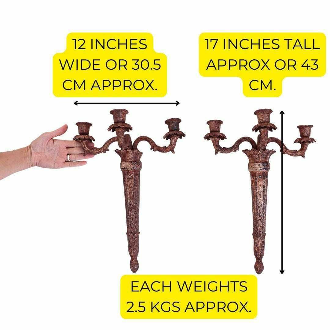 Empire Style French Cast Iron Wall Candle Sconces With 3 Arms Pair. Distressed Wall Sconces photo vinterior