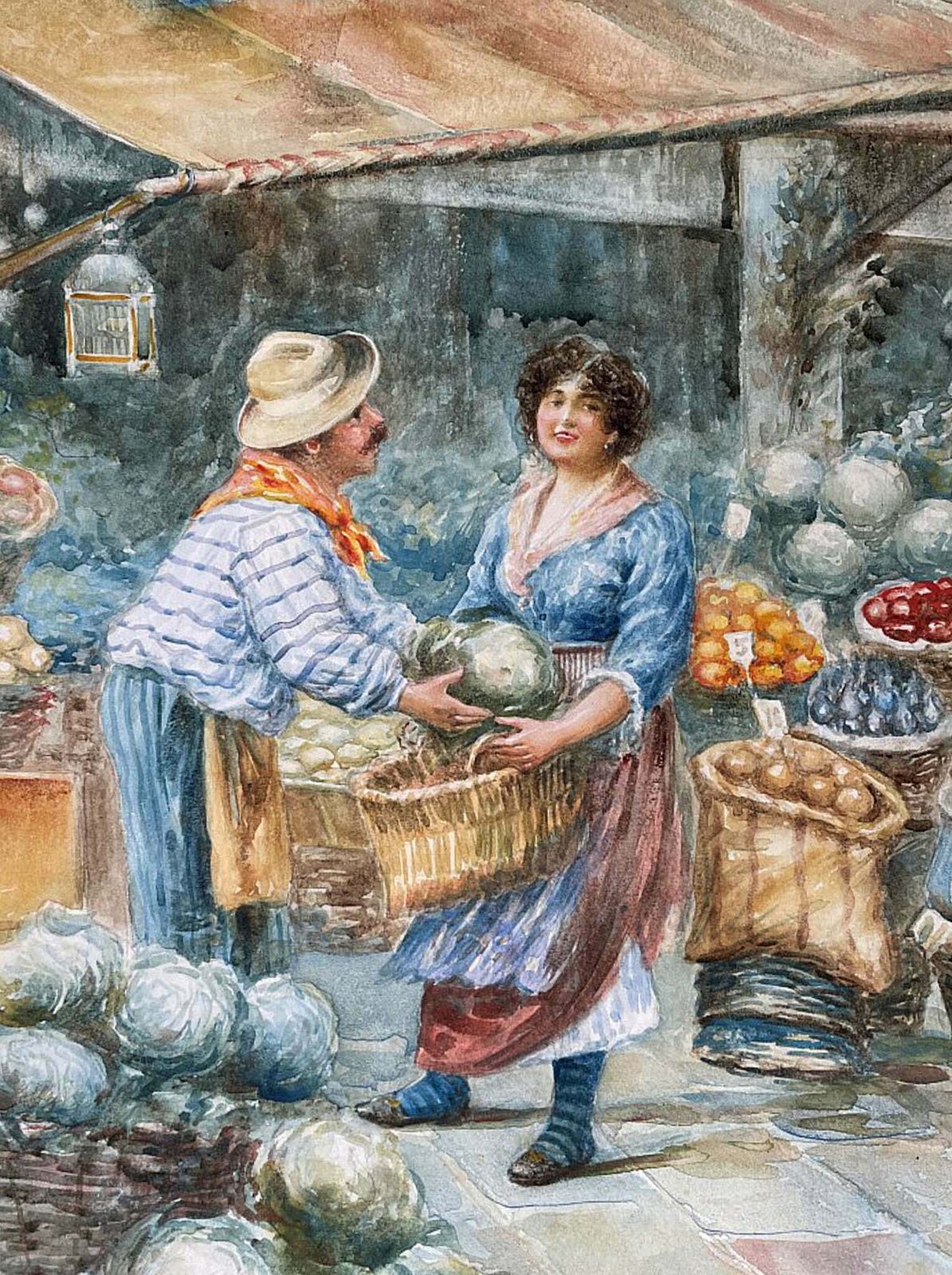 Beautiful Edwardian Italian School Watercolour   "Day At The Market photo for sale