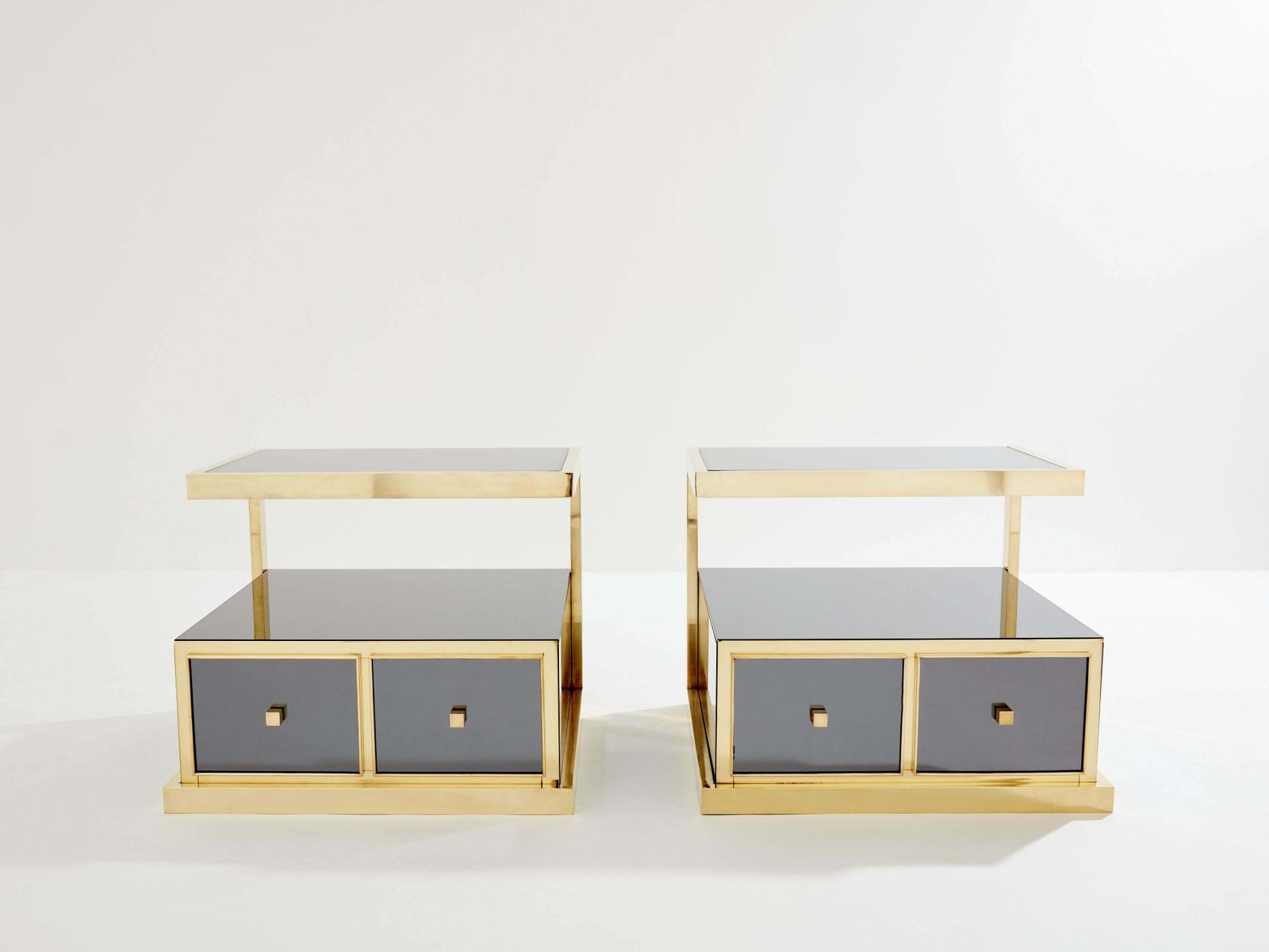 Pair Of Michel Pigneres Smoked Mirrored And Brass Side Tables 1970s photo furniture