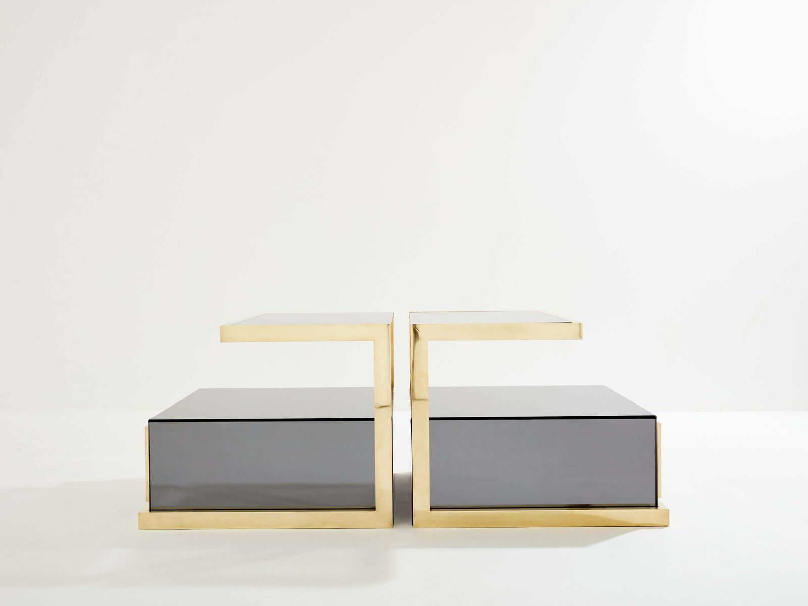 Pair Of Michel Pigneres Smoked Mirrored And Brass Side Tables 1970s photo vintage