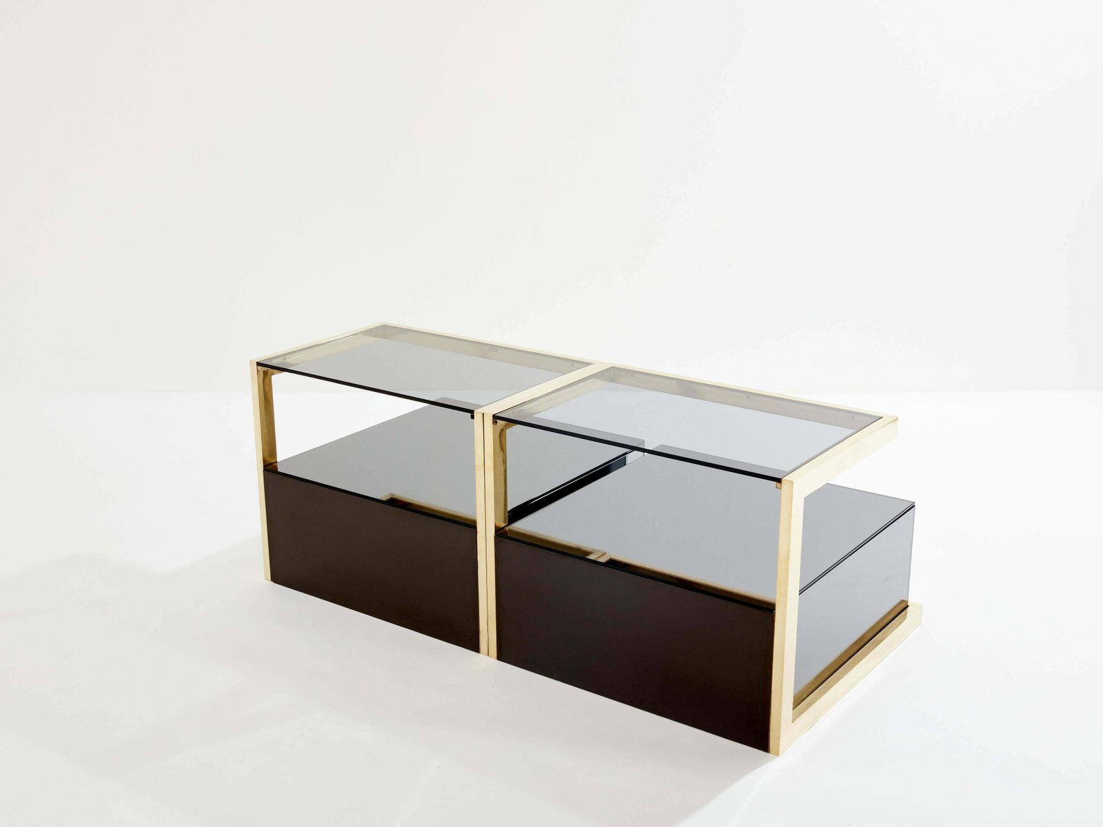 photo vinterior Pair Of Michel Pigneres Smoked Mirrored And Brass Side Tables 1970s