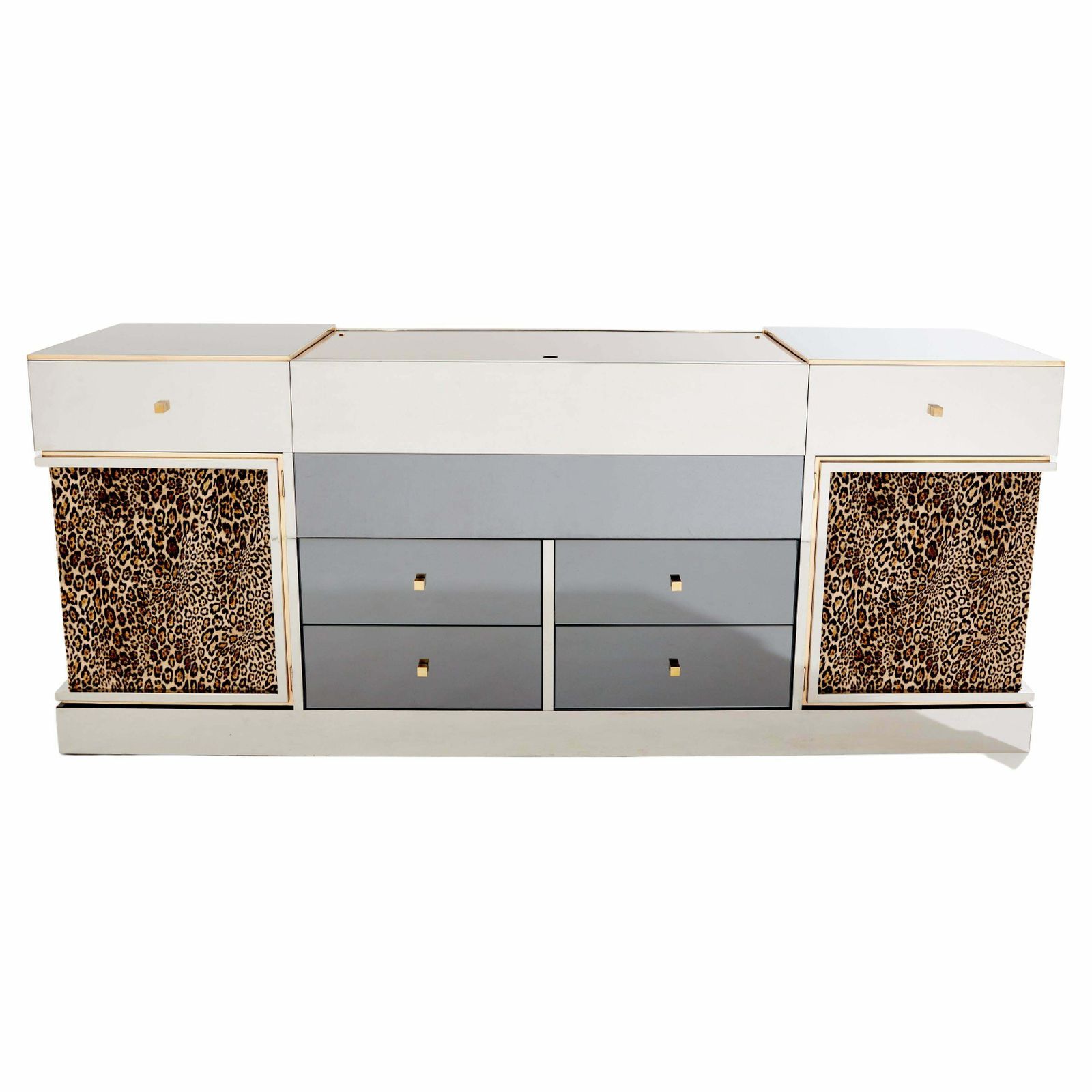 Buffet bar Michel Pigneres en laiton et miroir léopard, 1969