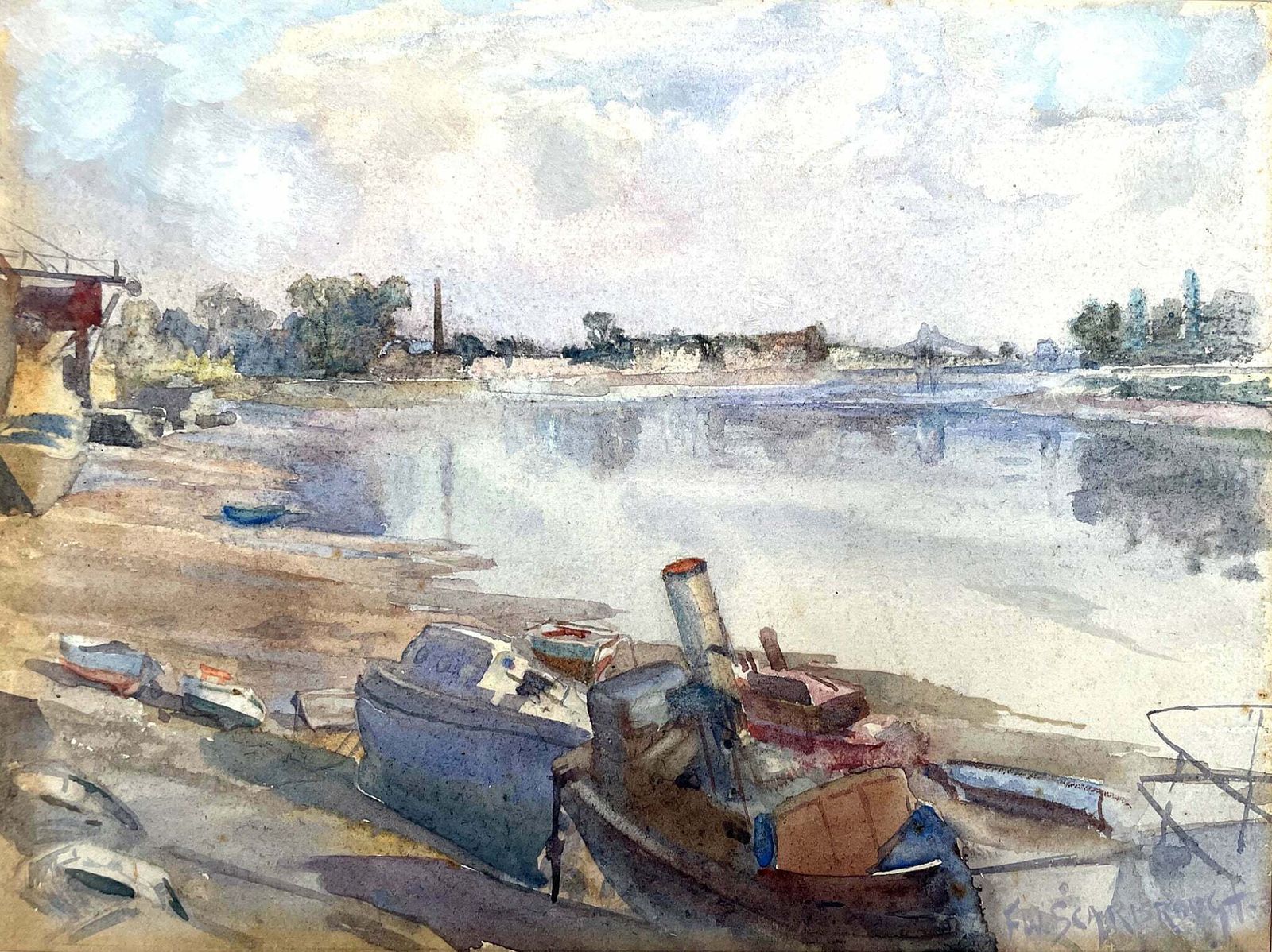 Fine Late C19th Watercolour By Frederick William Scarborough (1860 1939)   River Scene photo for sale