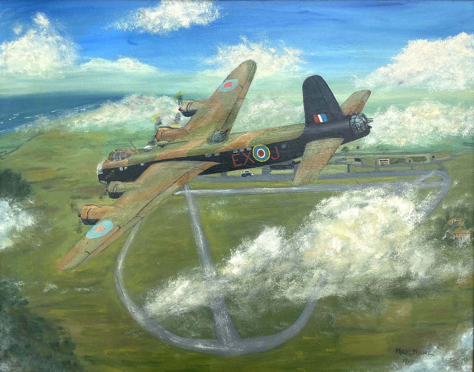 Fine Vintage Oil On Board Portrait Of A Wellington Bomber In Flight photo Art