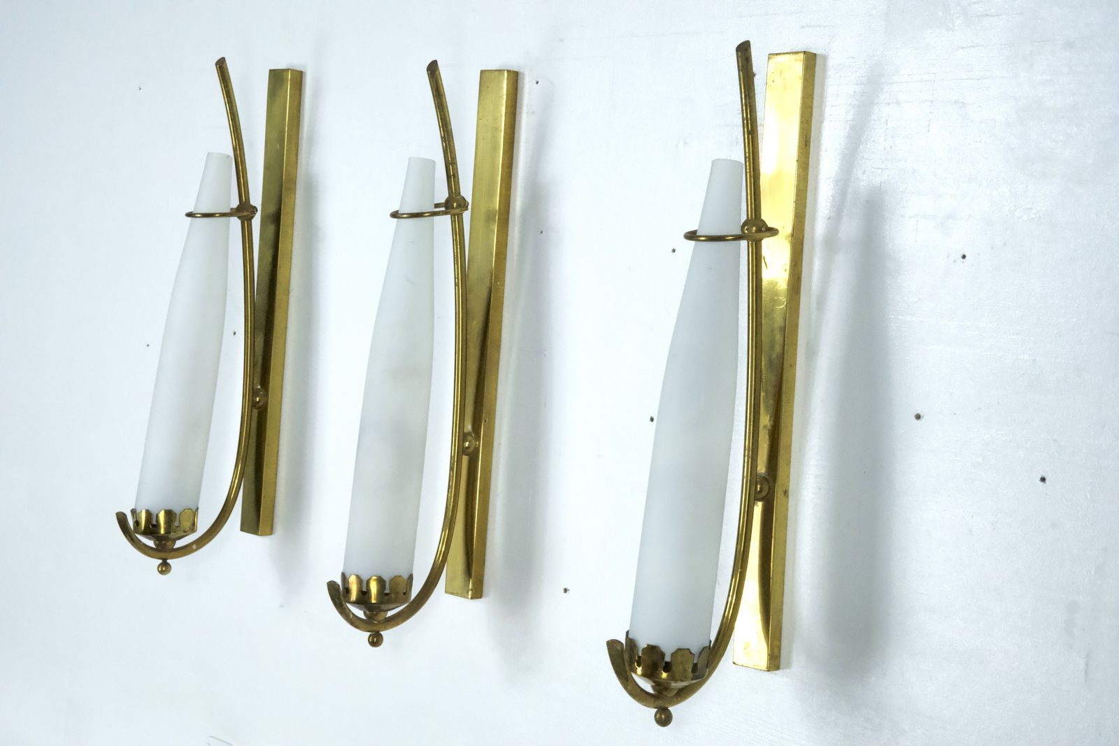 Set Of Three Sconces In Brass And Triplex Opaline Glass In Arredoluce Manner. Italy 1950s photo Lighting