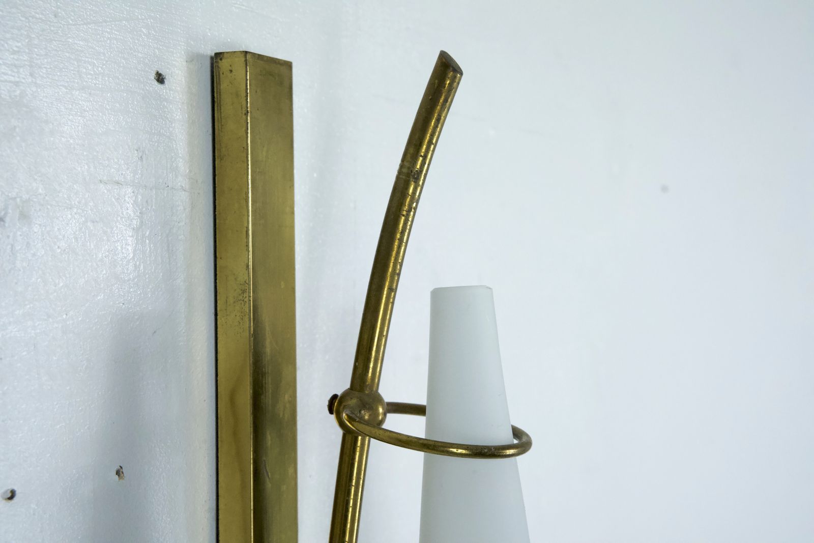 photo for sale Set Of Three Sconces In Brass And Triplex Opaline Glass In Arredoluce Manner. Italy 1950s