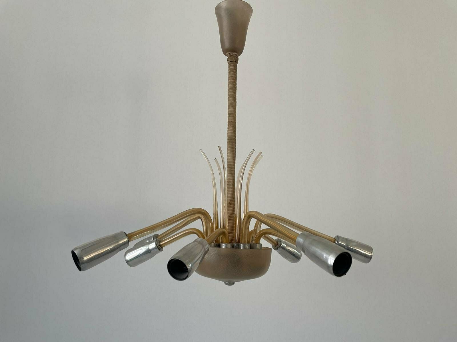 Exceptional 10 Armed Art Deco Style Sputnik Chandelier In Glass And Metal, 40s/50s, Germany