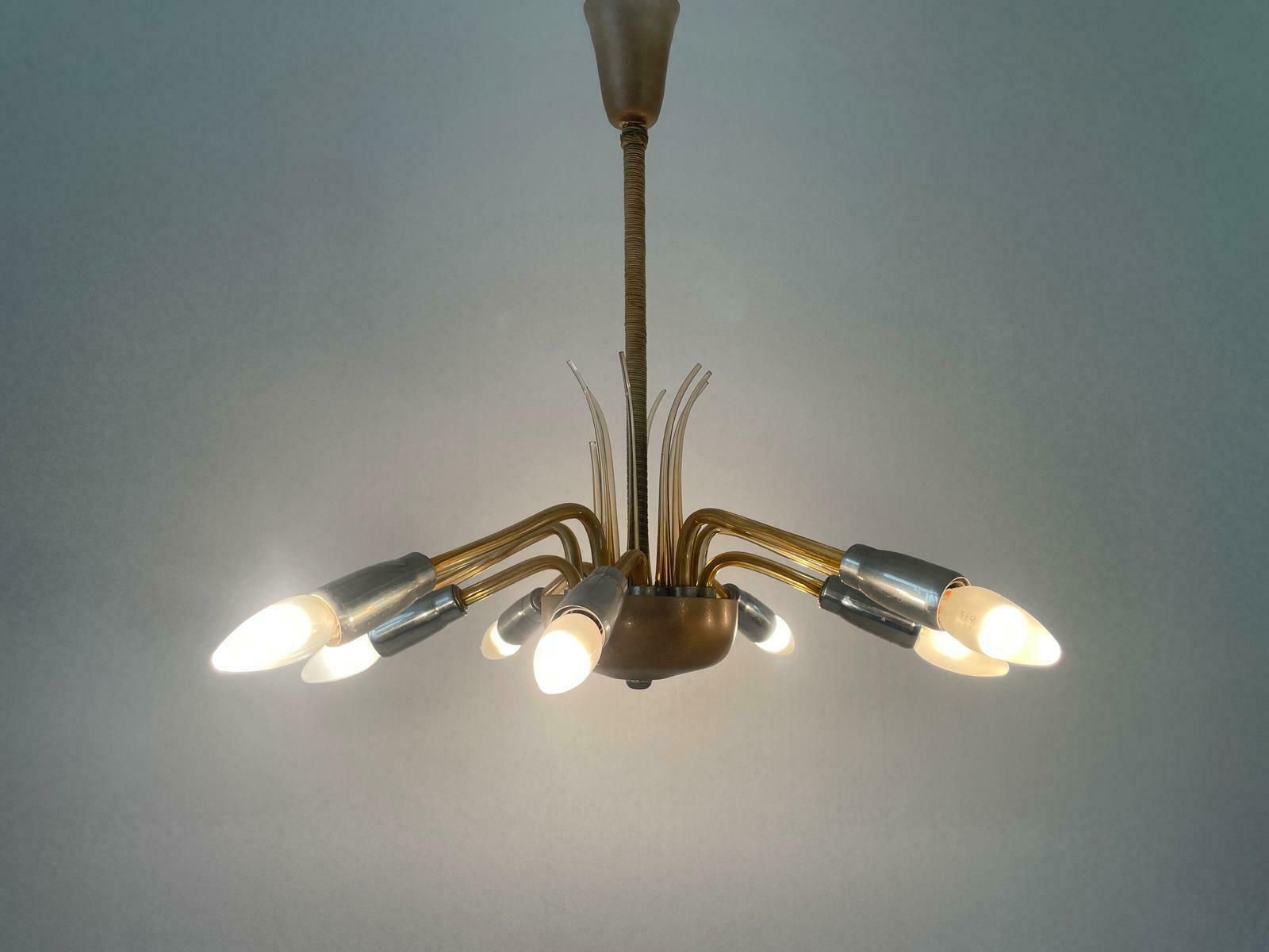 Exceptional 10 Armed Art Deco Style Sputnik Chandelier In Glass And Metal, 40s/50s, Germany photo furniture