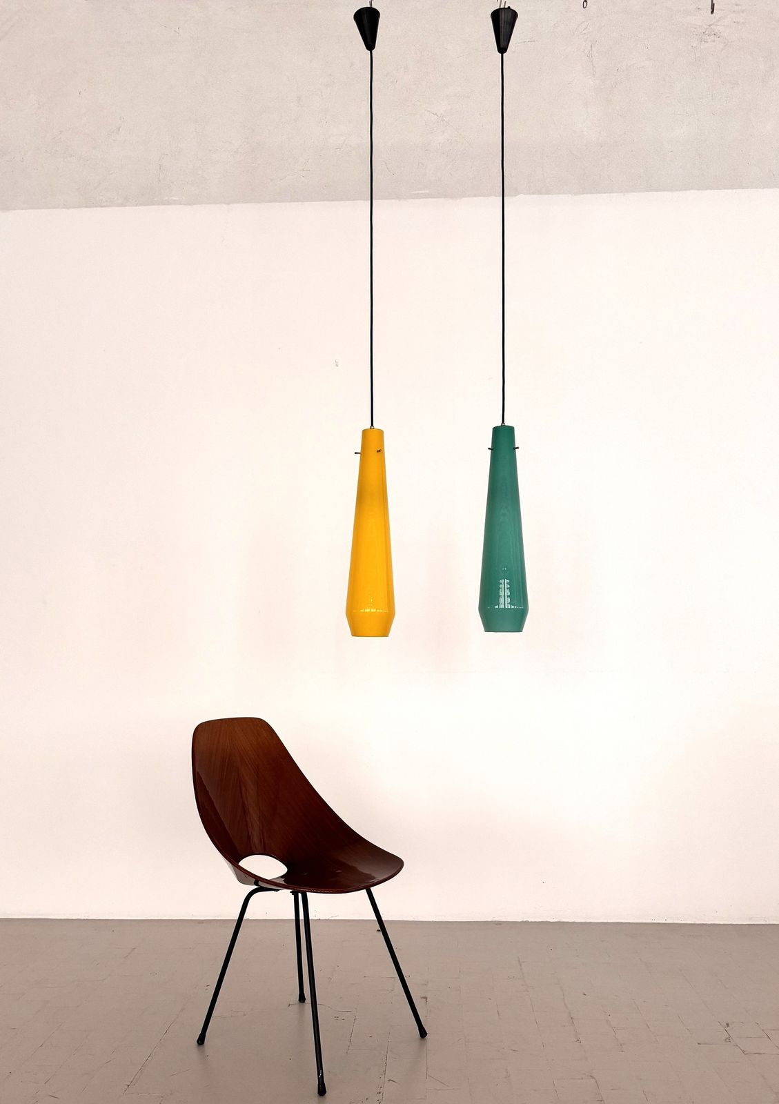 Italian Murano Glass Pendants In Green And Yellow By Vistosi, 1970s, Set Of 2 photo furniture