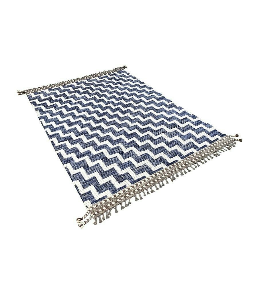 photo for sale A Handmade Morrocan Beni Ourain Berber Rug With Blue And White Stepped Design.