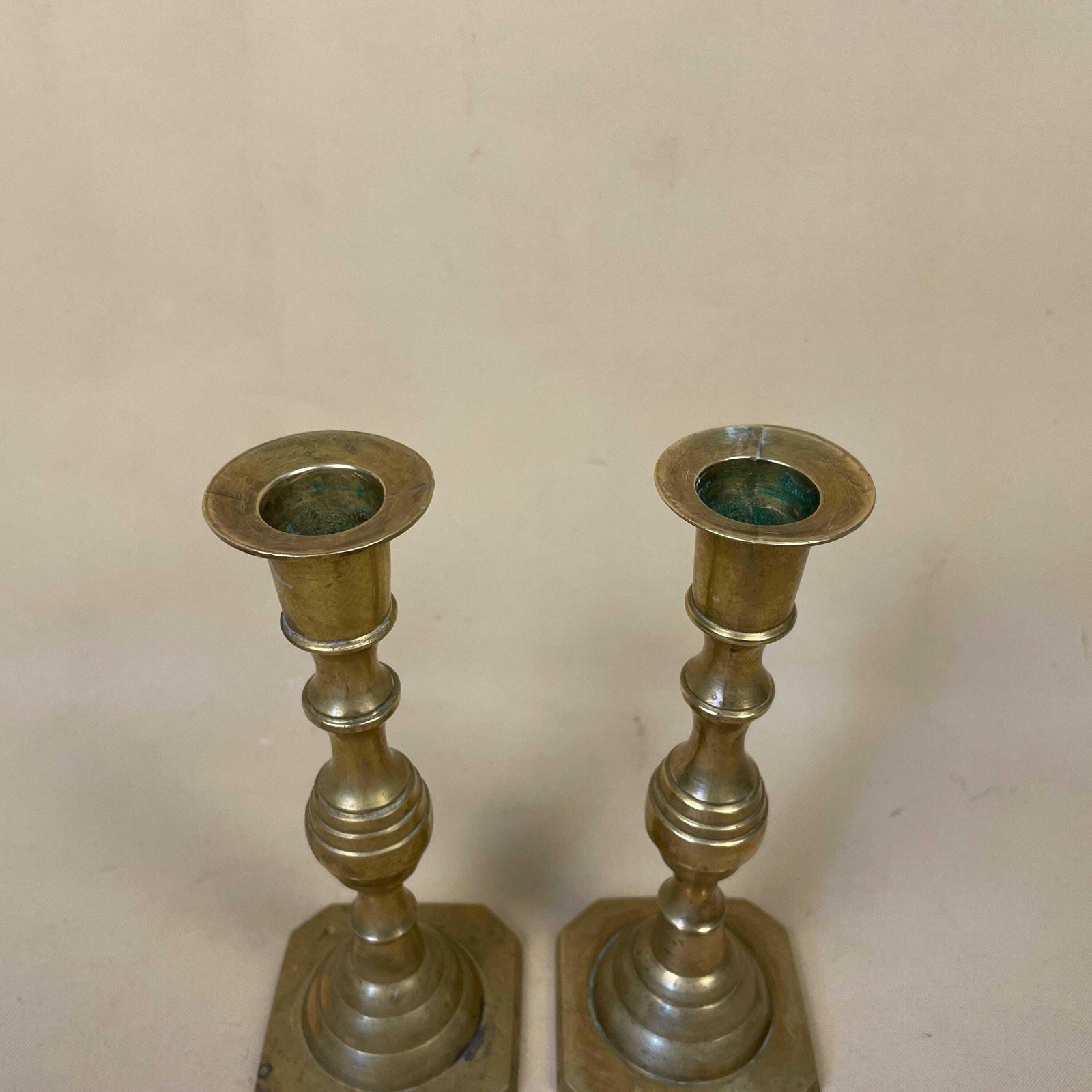Antique Matching Pair Of Gold Brass Metal Candlestick Candle Stick Vintage Column Taper Dinner Candlesticks Square Base Column Pillar photo 55.0