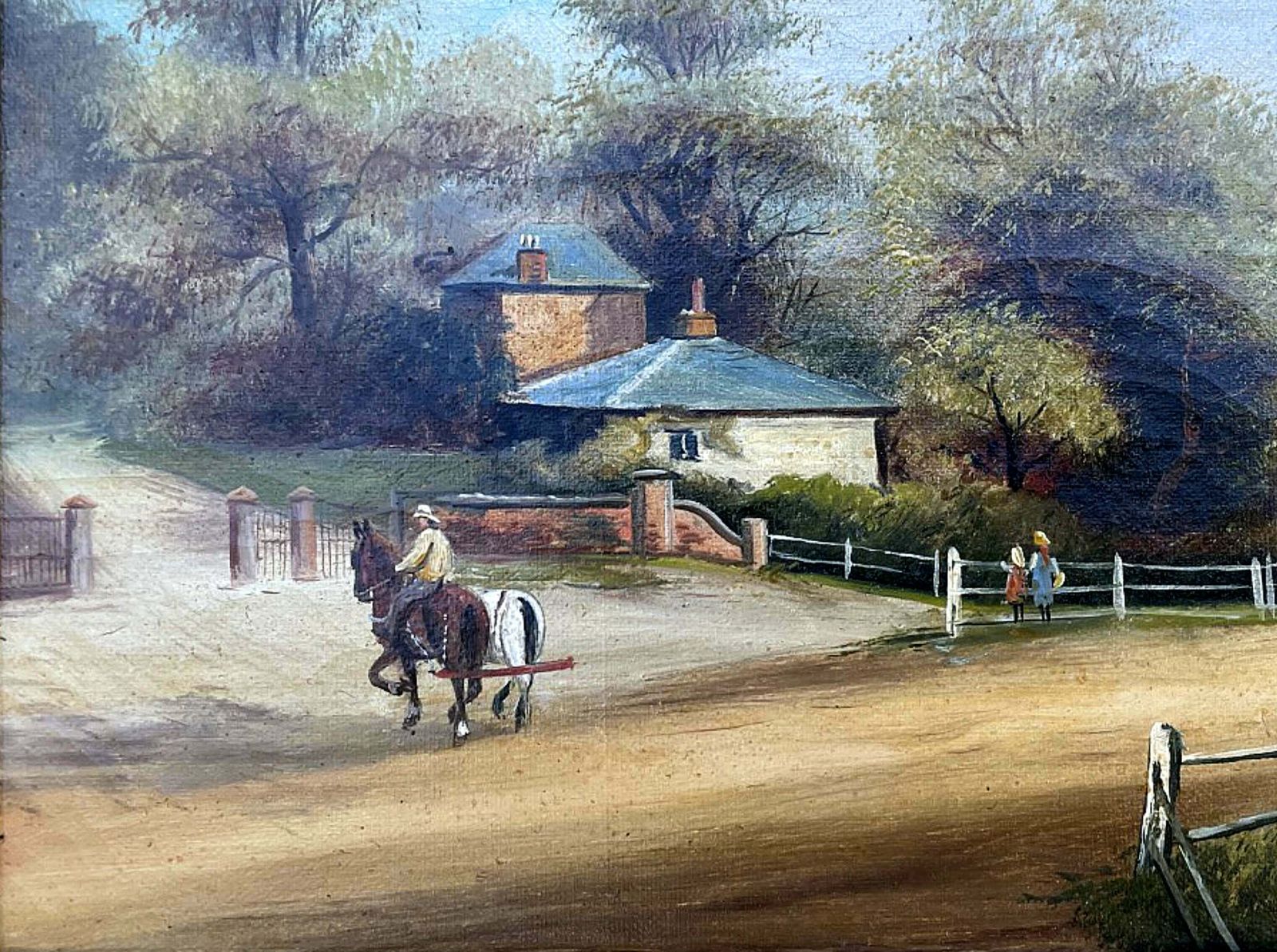 Delightful C19th Victorian English School Oil On Canvas   Figures On A Rural Lane photo Art