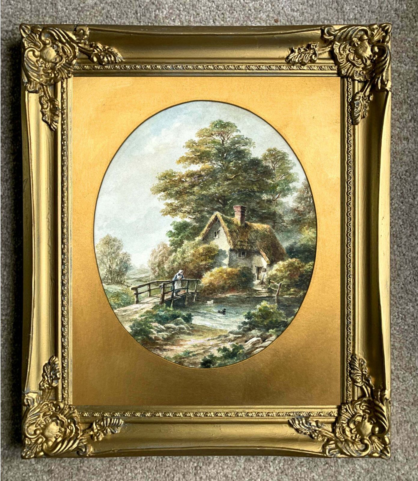 Beautiful C19th Victorian English School Watercolour   Rural Cottage By A Pond