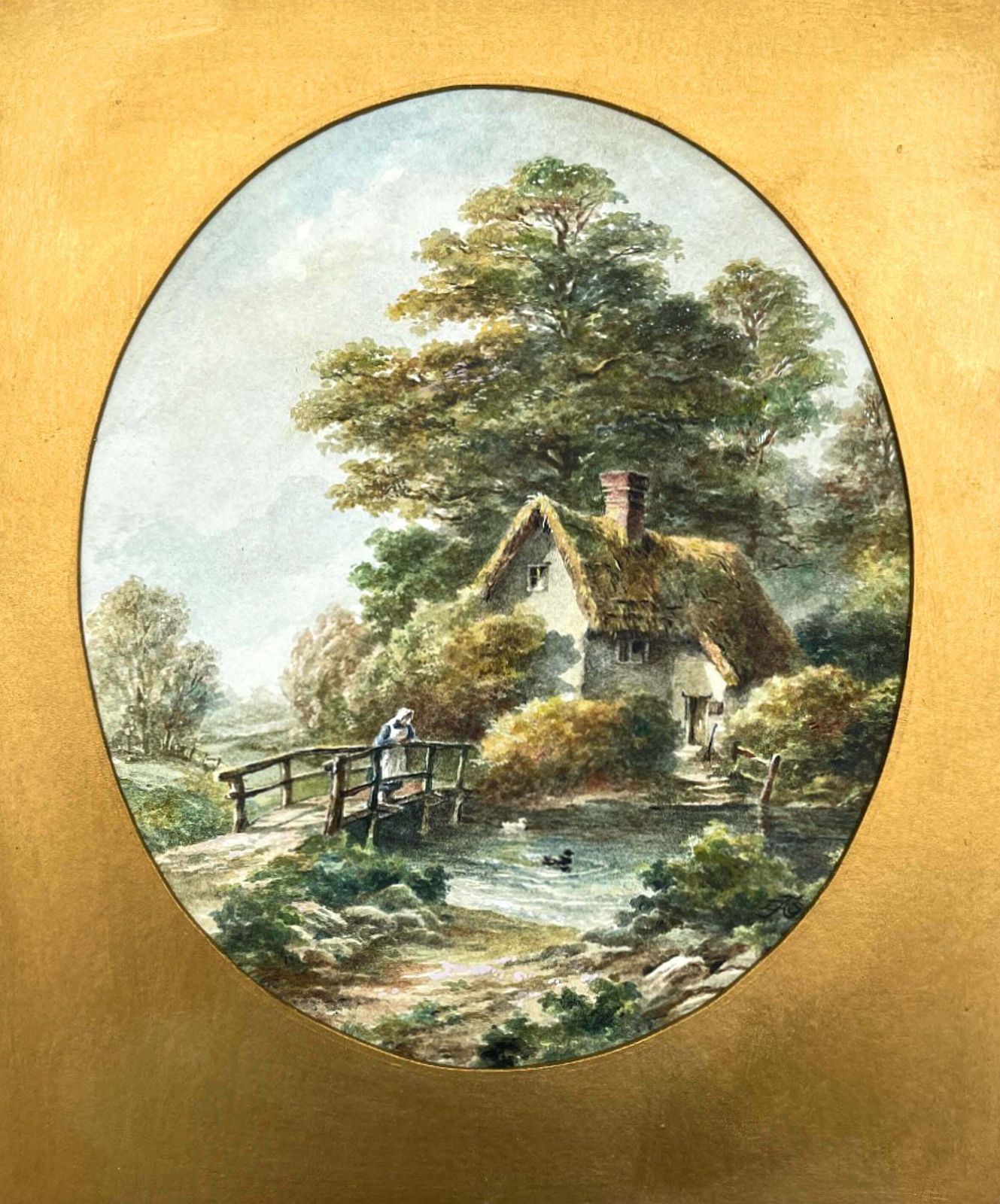 Beautiful C19th Victorian English School Watercolour   Rural Cottage By A Pond photo furniture