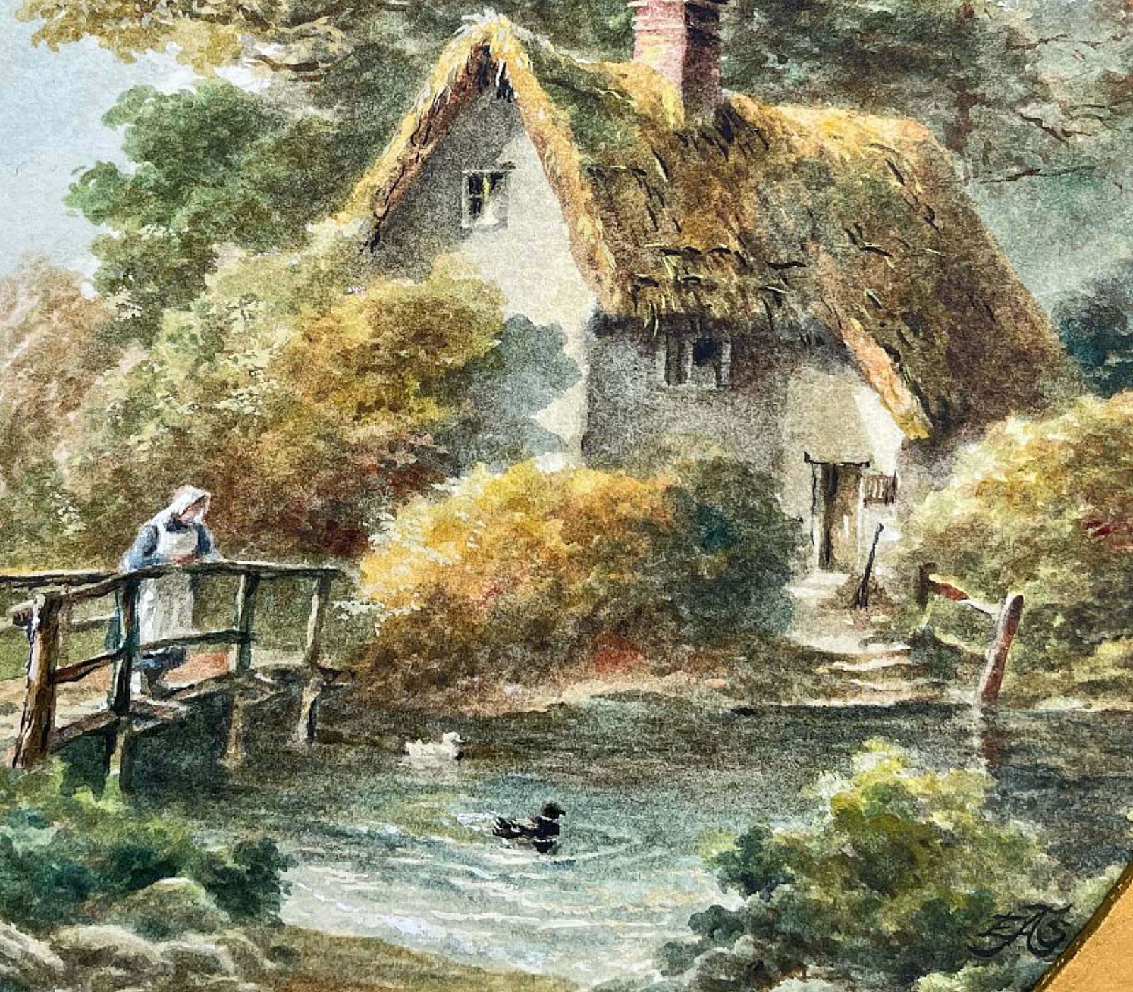 Beautiful C19th Victorian English School Watercolour   Rural Cottage By A Pond photo Art