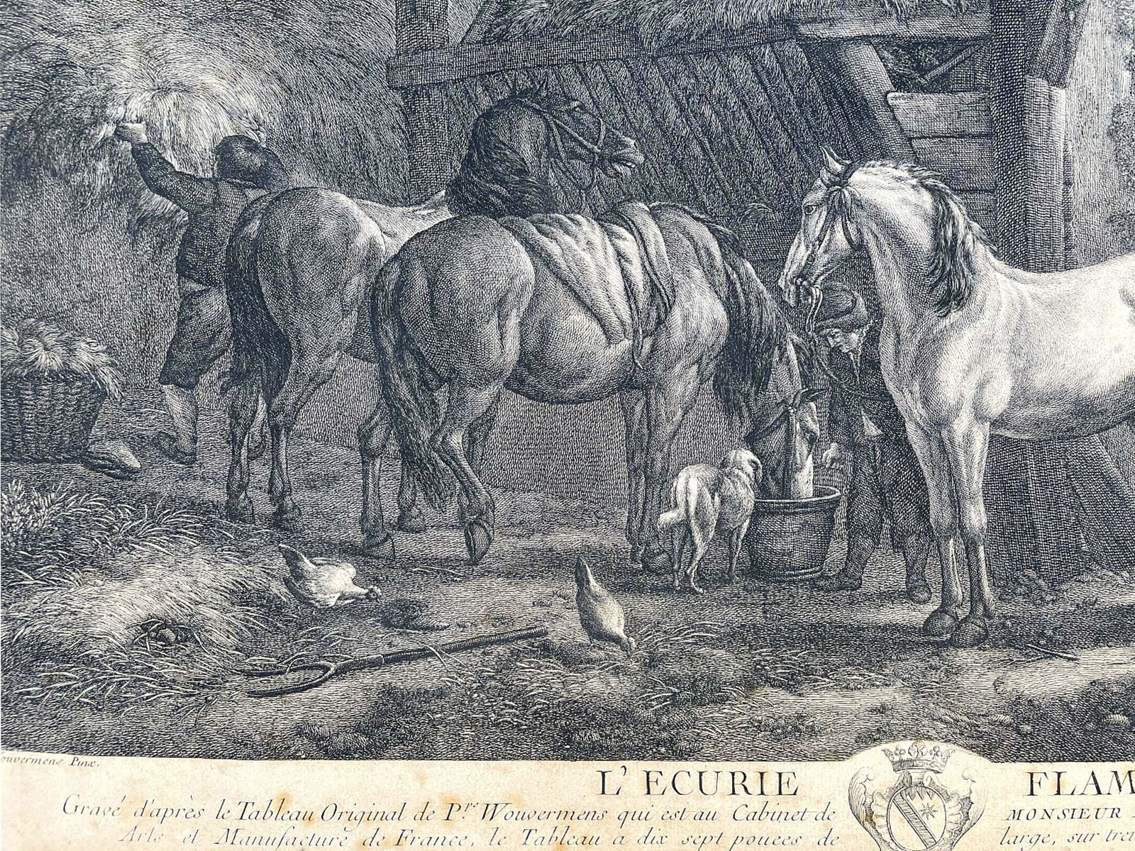 Fine Mid C18th Copper Plate Engraving "L'ecurie Flamande" By Jean Moyreau Aft. P. Wouvermans 1755 photo for sale