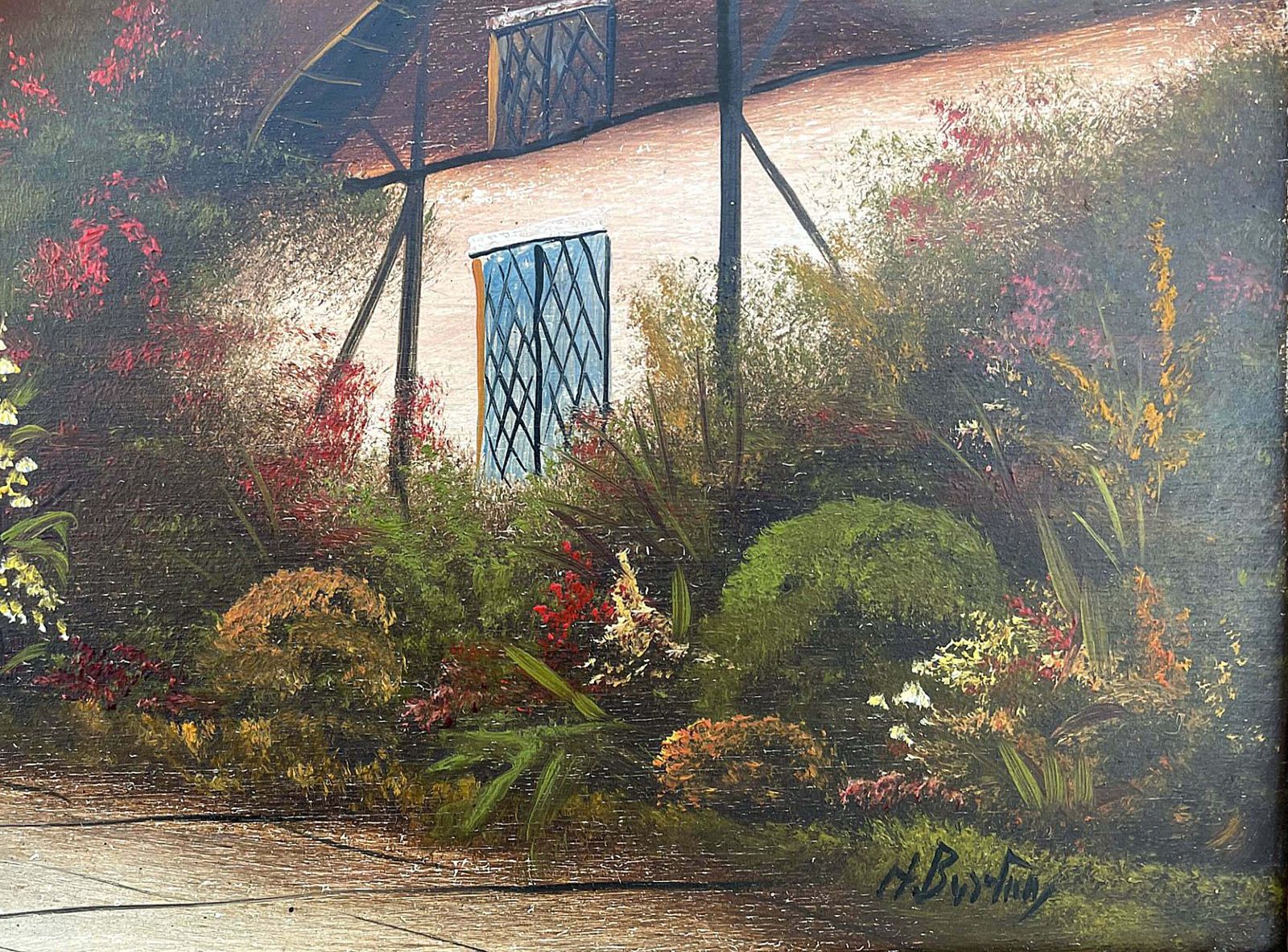 Fine Edwardian Oil On Wood Panel   Thatched Rural Cottage By Hal Burton photo for sale