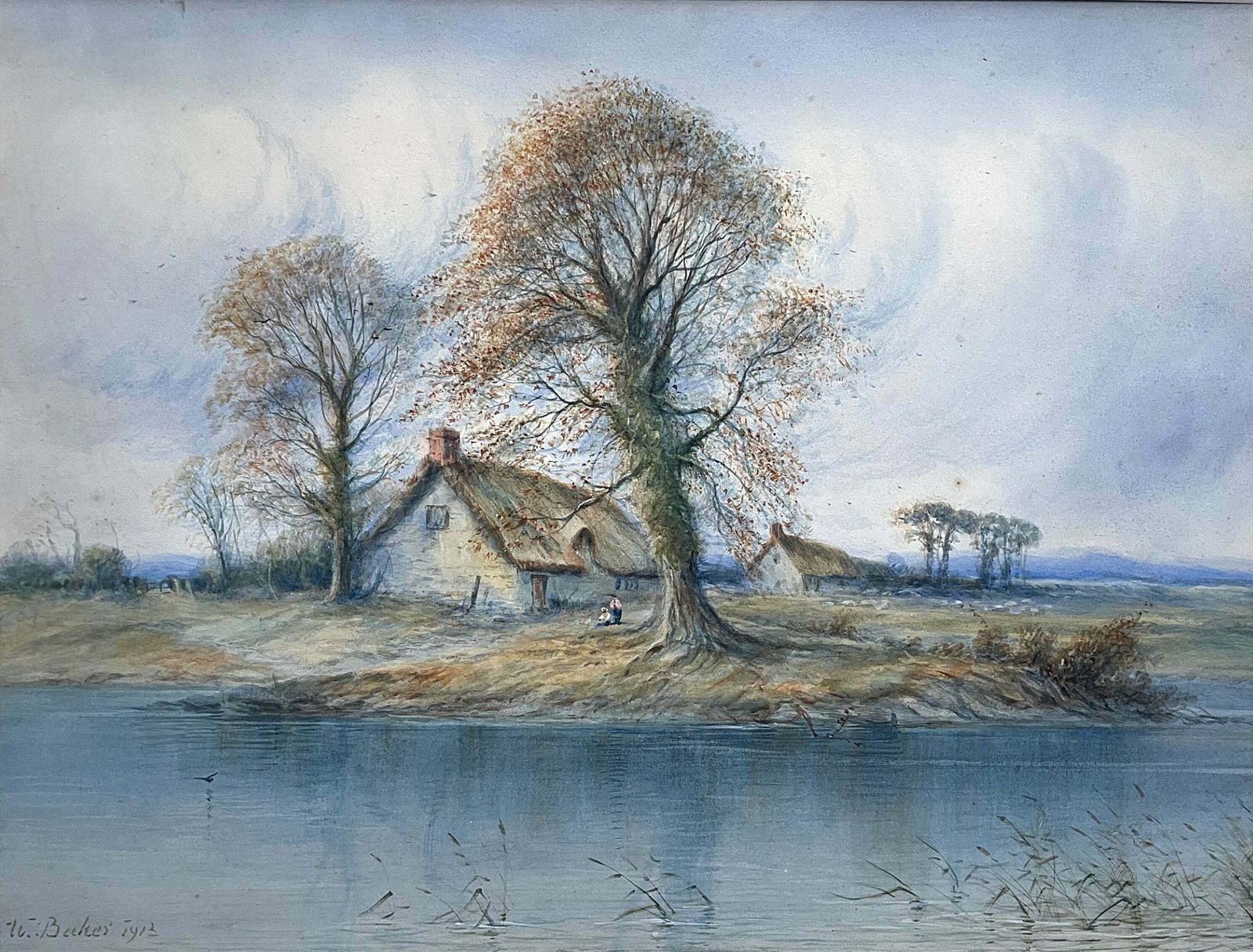 An Exquisite Early C20th Watercolour   Thatched Cottages By A River   William John Baker 1913 photo furniture