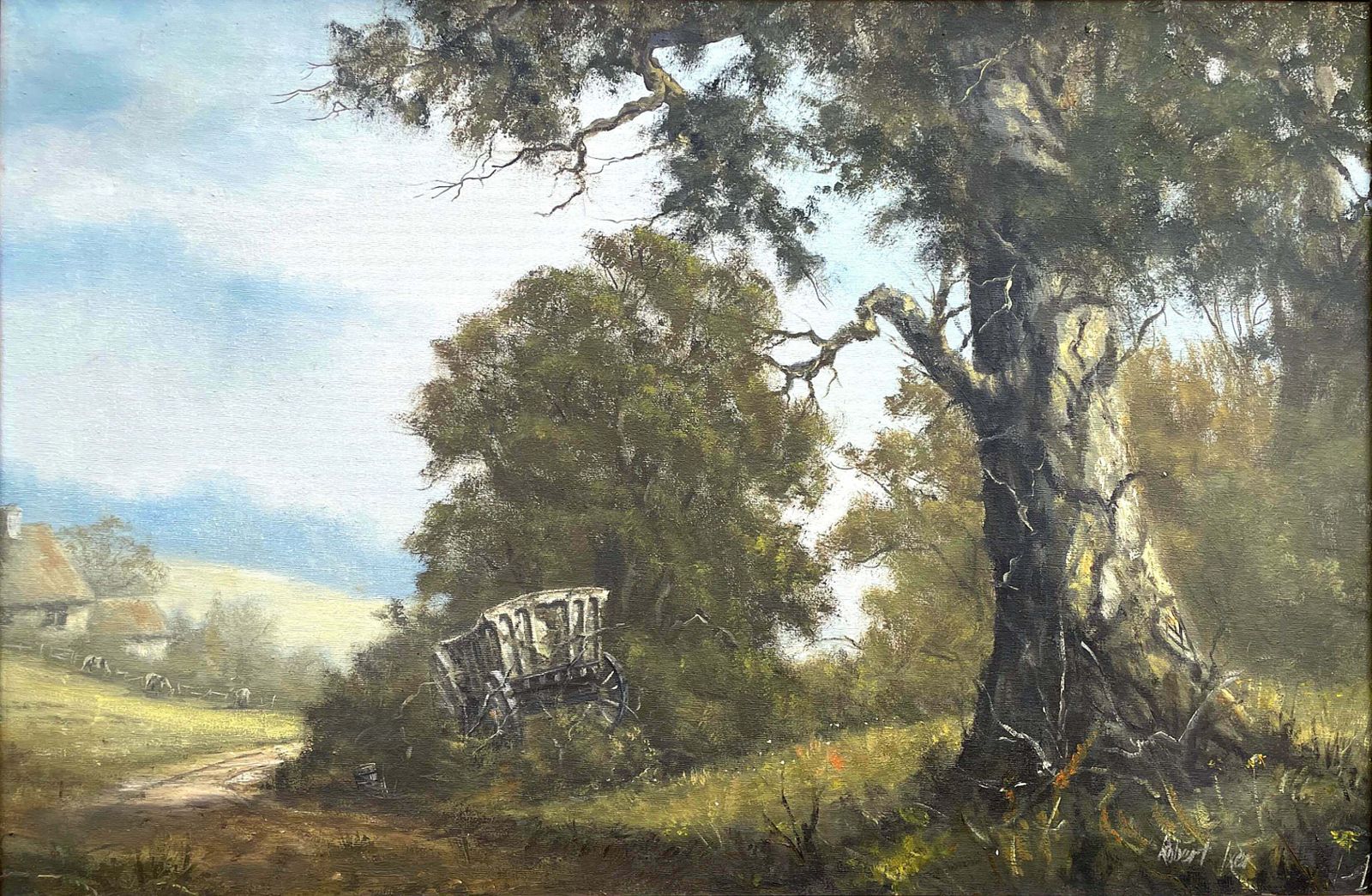 Superb C20th Vintage Oil On Canvas Board   Rural Landscape With A Haycart   Robert Ixer photo furniture