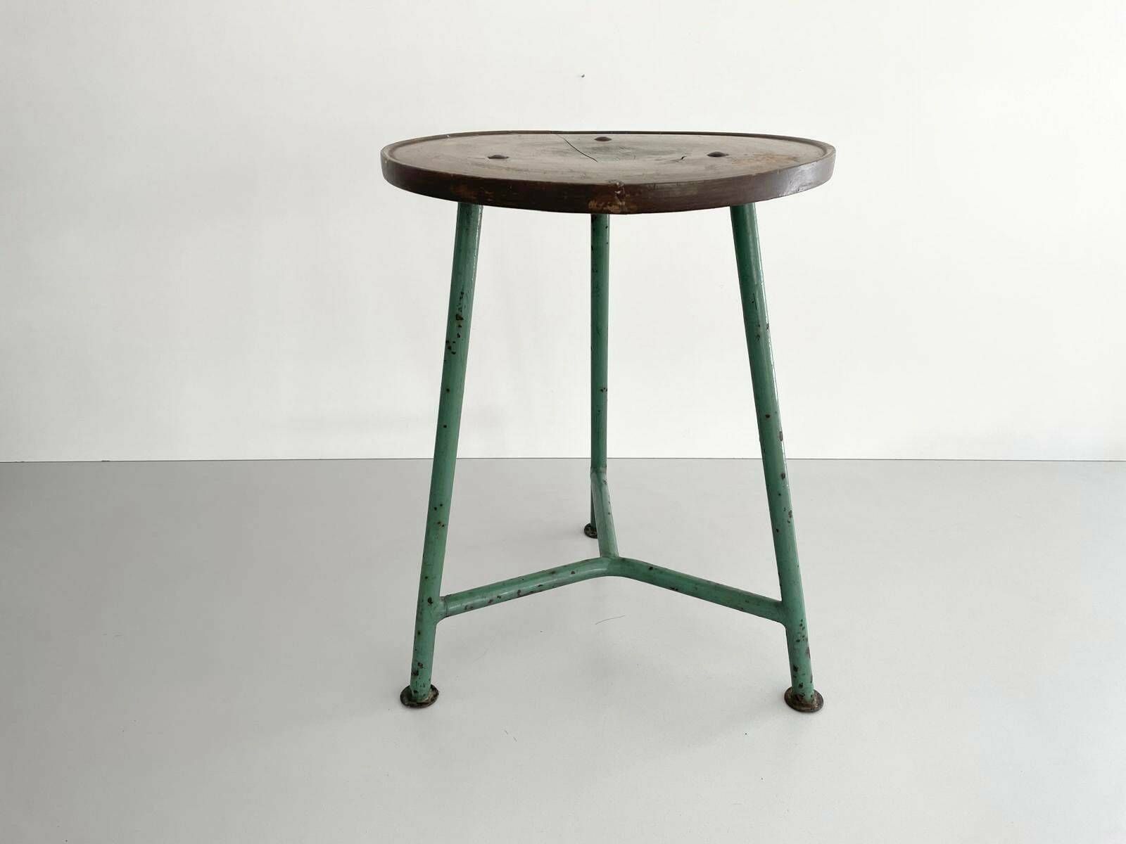 Round Wood Top Industrial Stool With Green Iron Tripod Legs, Germany, 1940s photo for sale