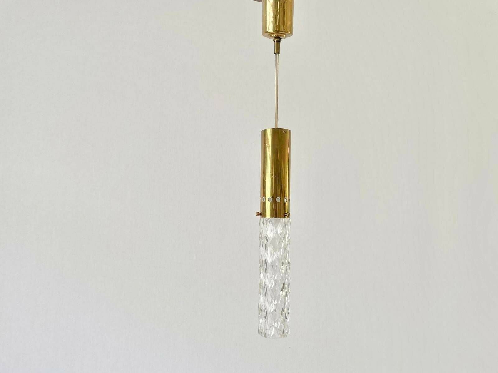 Cylindrical Crystal Glass And Brass Luxury Ceiling Lamp By Kaiser Leuchten, 1960s, Germany