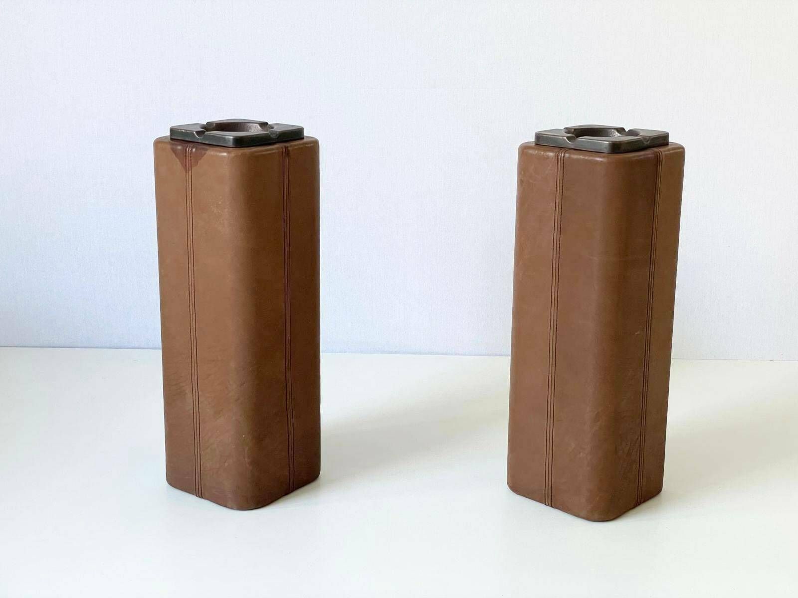 Mid Century Modern Swiss Made Lux Leather Pair Of Floor Ashtrays With Bronze Top, 1960s, Switzerland