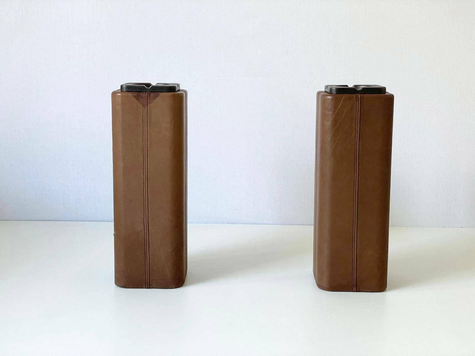 Mid Century Modern Swiss Made Lux Leather Pair Of Floor Ashtrays With Bronze Top, 1960s, Switzerland photo vinterior