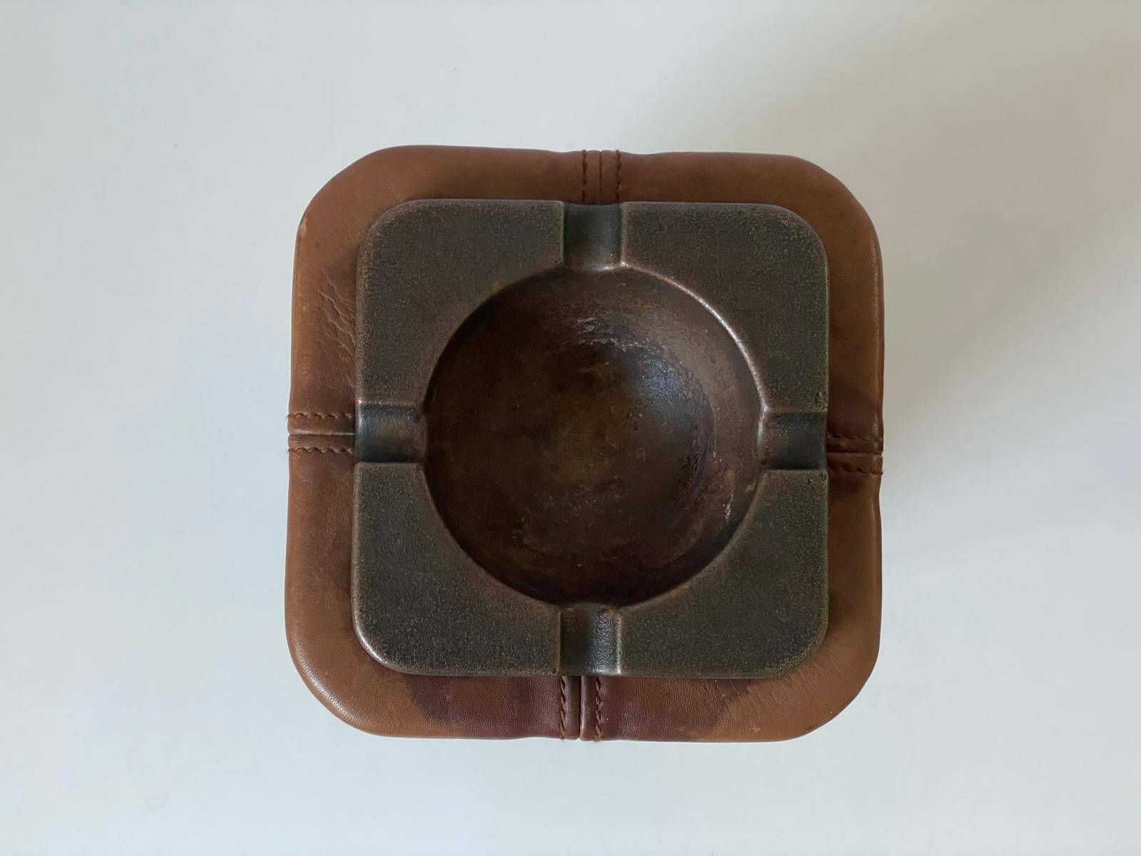 photo furniture Mid Century Modern Swiss Made Lux Leather Pair Of Floor Ashtrays With Bronze Top, 1960s, Switzerland