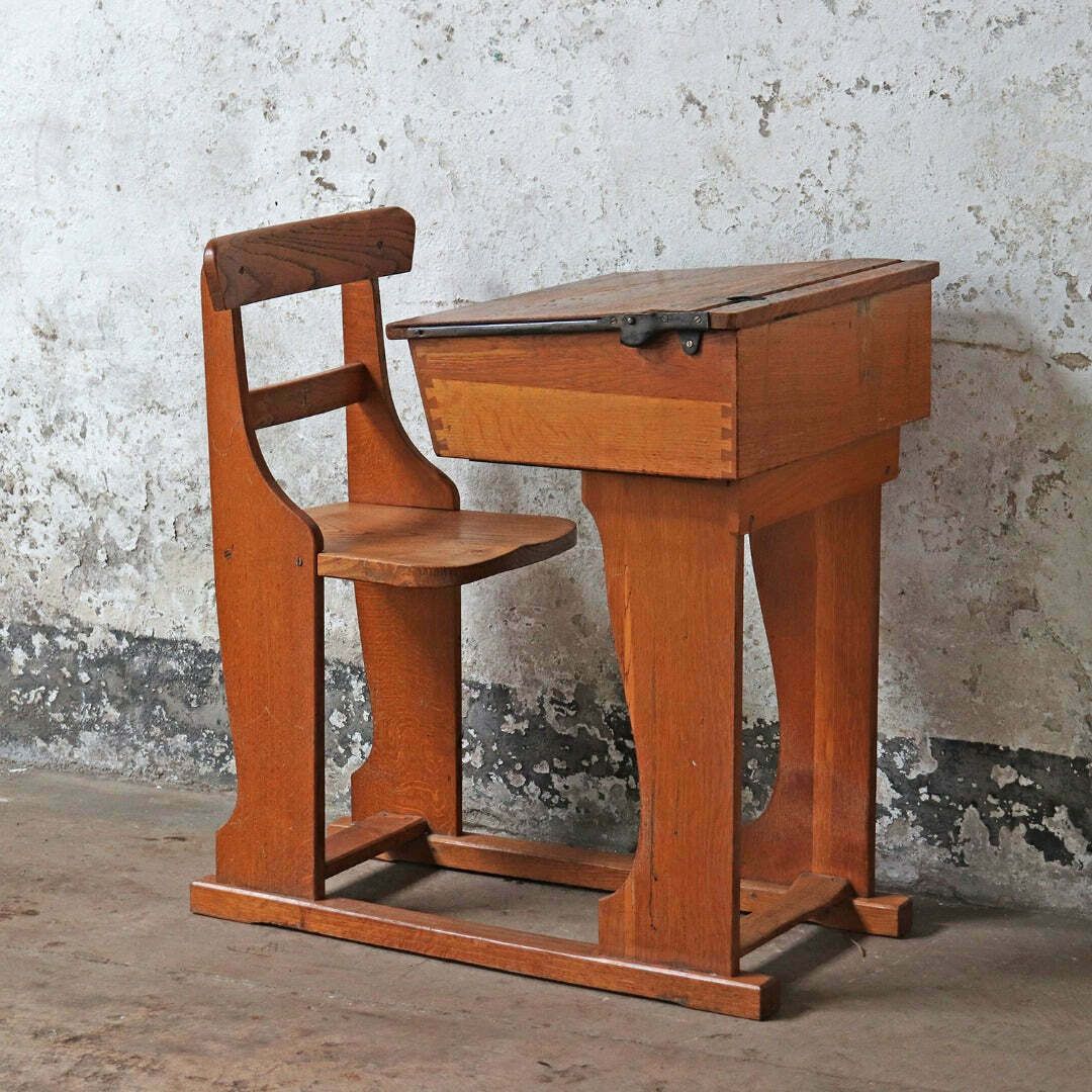 Antique Oak School Desk And Chair