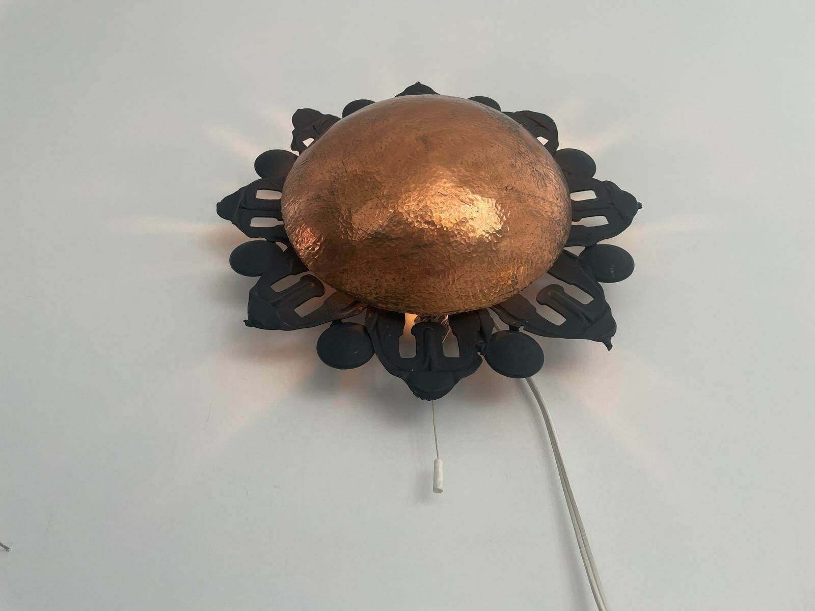 photo for sale Unusual Black Metal Single Sconce With Round Copper Reflector, 60s, Germa