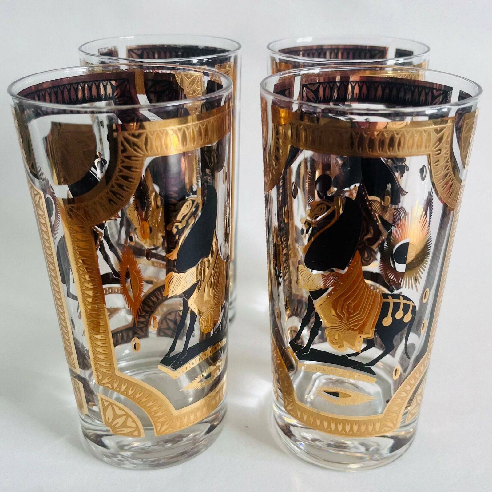 Midcentury Fred Press T'ang Horse Black And Gold Carafe & 4 Glasses. Carafe And 4 Glasses.Midcentury Barware. Retro Bar. photo vinterior
