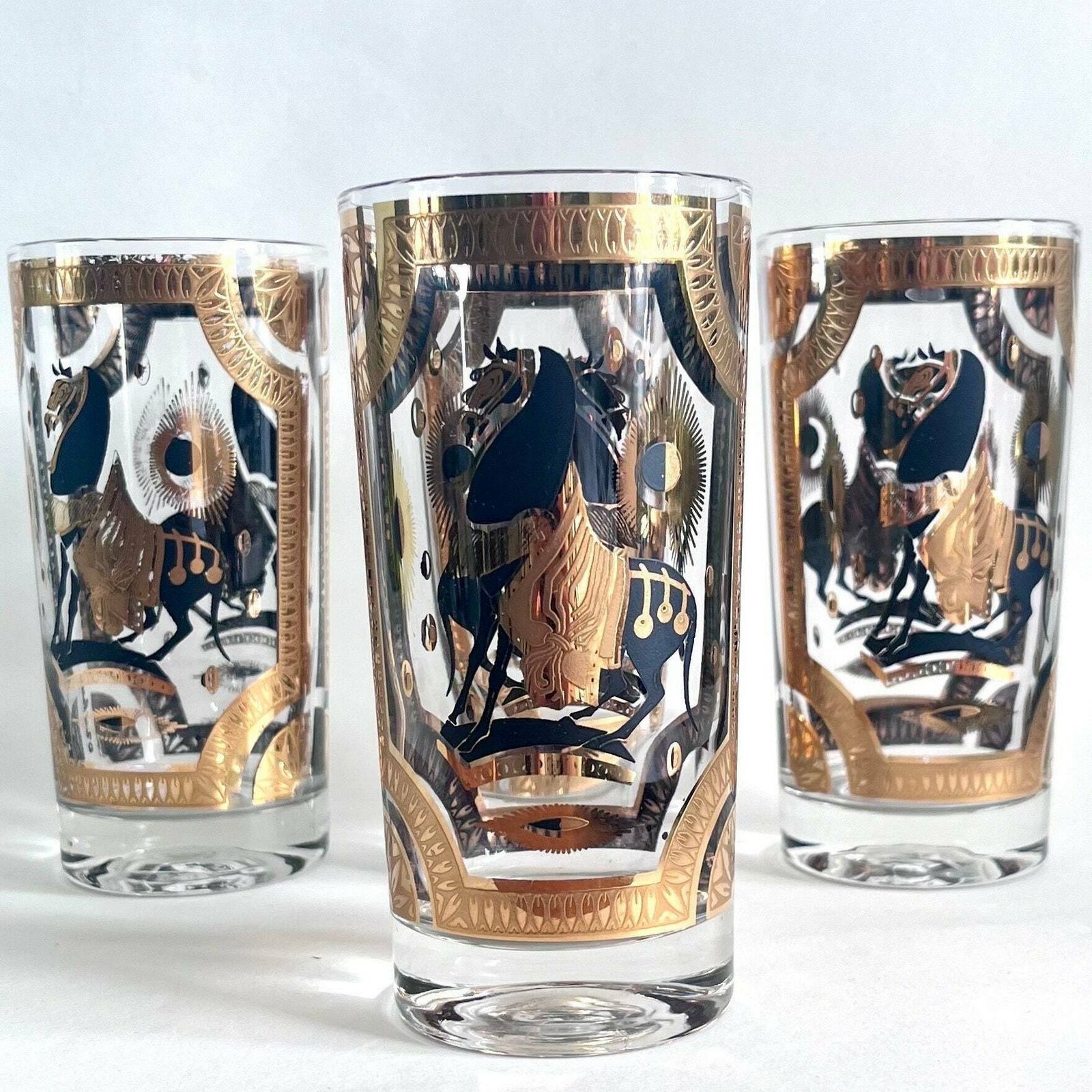photo for sale Midcentury Fred Press T'ang Horse Black And Gold Carafe & 4 Glasses. Carafe And 4 Glasses.Midcentury Barware. Retro Bar.