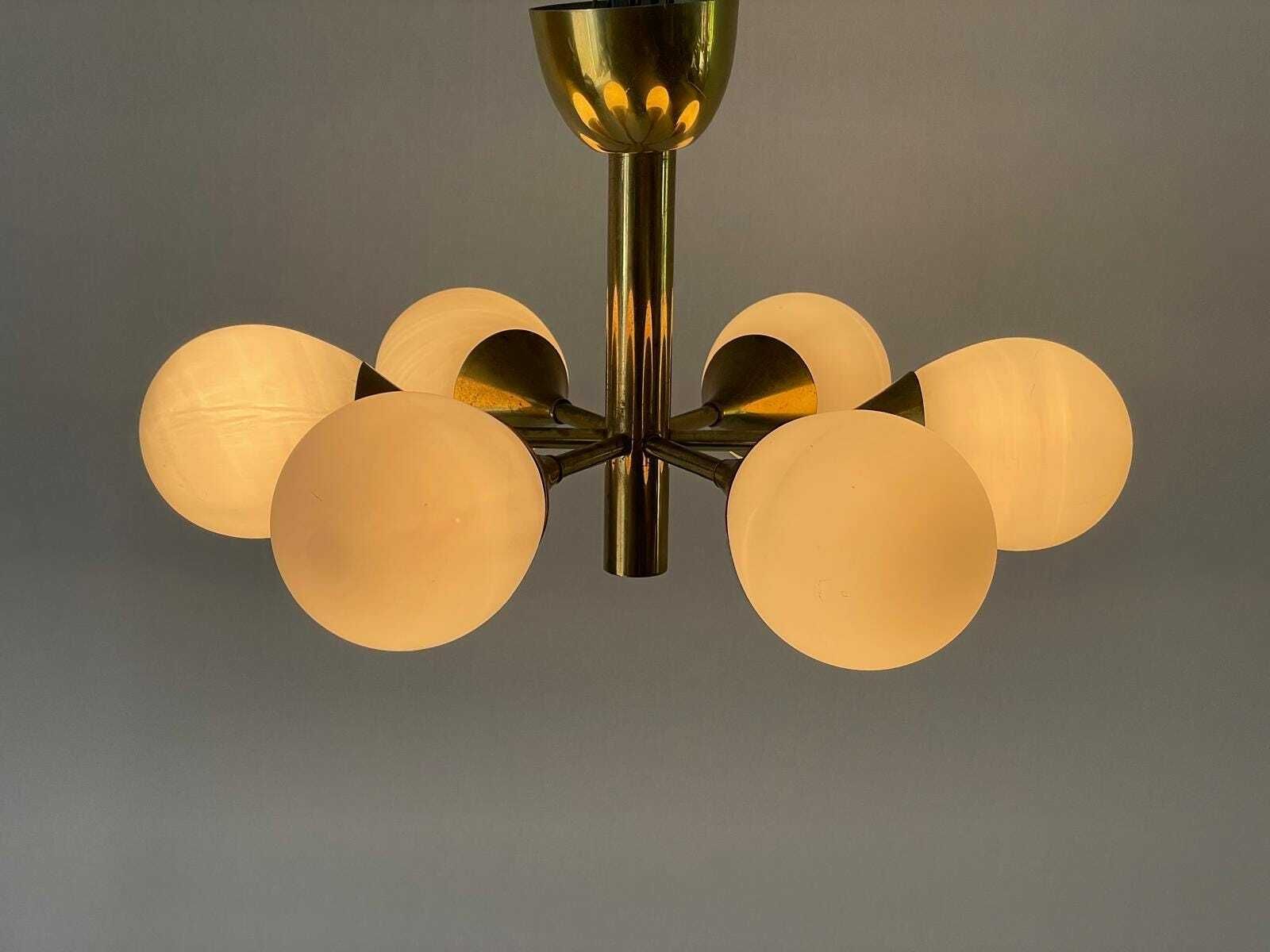 Space Age Glass And Brass 6 Armed Chandelier By Kaiser Leuchten, 1970s, Germany photo vinterior