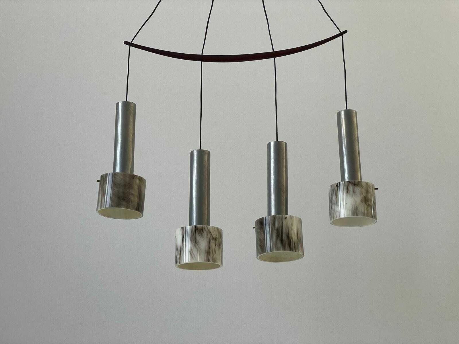 Italian Rare Plexiglass And Metal Four Shade Chandelier With Teak Details, 1960s, Italy photo furniture