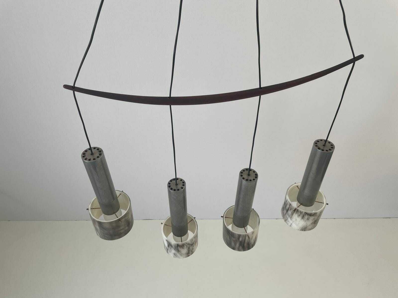 Italian Rare Plexiglass And Metal Four Shade Chandelier With Teak Details, 1960s, Italy photo buy