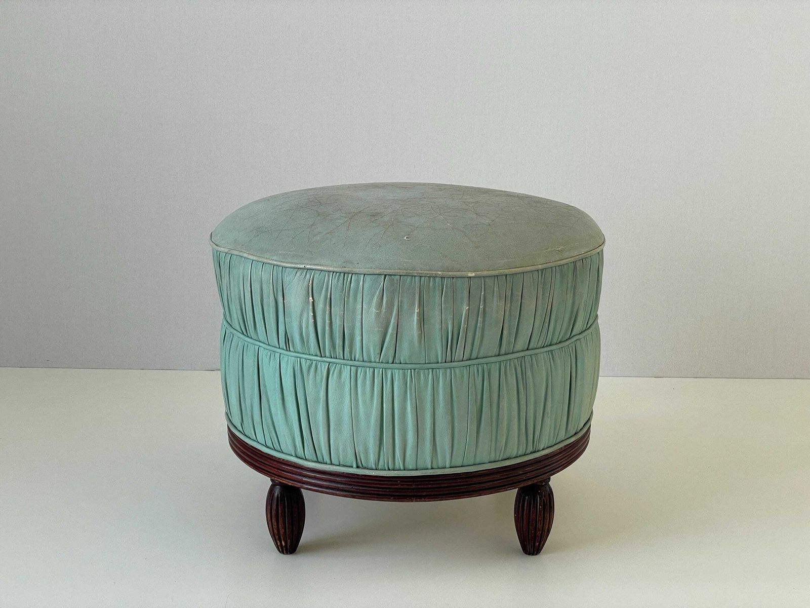 Italian Turkois Worn Leather Round Pouf With Wood Base, 1960s, Italy photo furniture