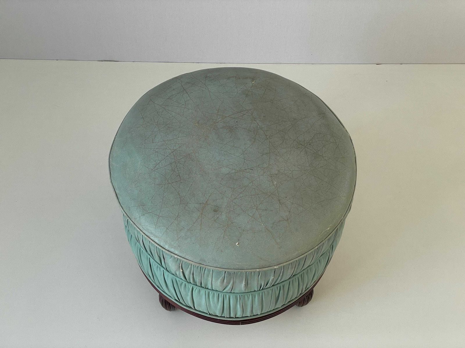 Italian Turkois Worn Leather Round Pouf With Wood Base, 1960s, Italy photo 1197.0