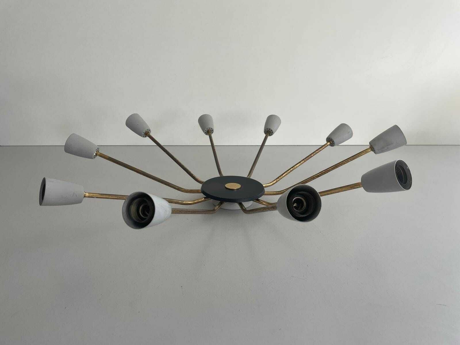 Mid Century Gray Metal And Brass Body 10 Armed Sputnik Ceiling Lamp, 1950s, Germany photo 1523.0