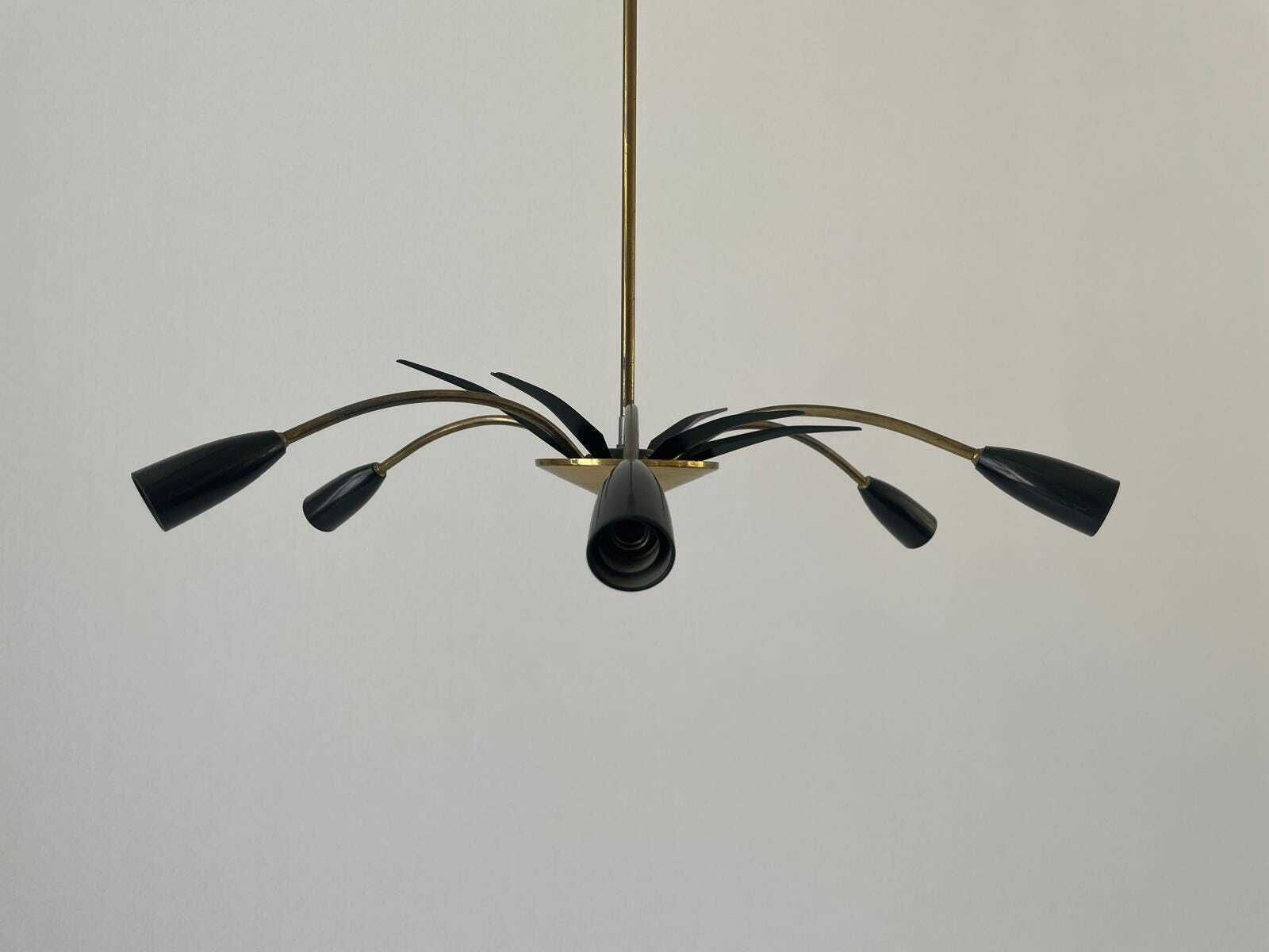 Black Metal & 6 Armed Brass Body Sputnik Ceiling Lamp, 1950s, Germany photo 1197.0