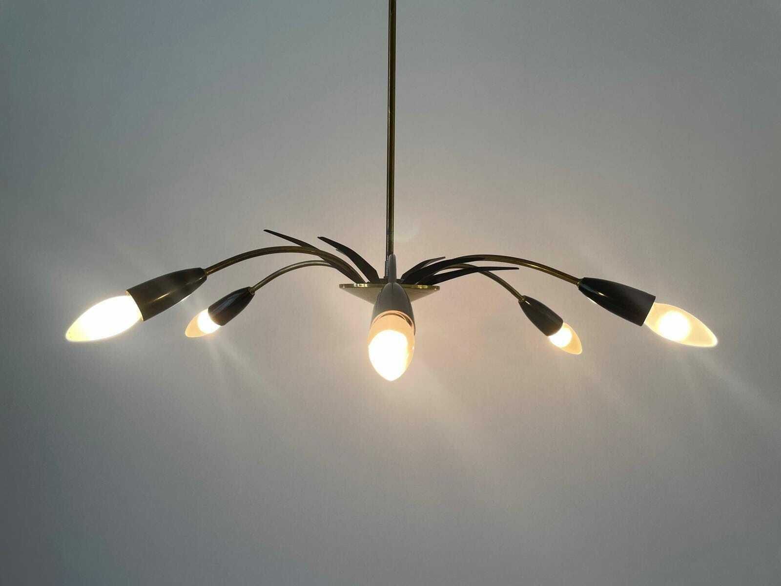 Black Metal & 6 Armed Brass Body Sputnik Ceiling Lamp, 1950s, Germany photo vinterior