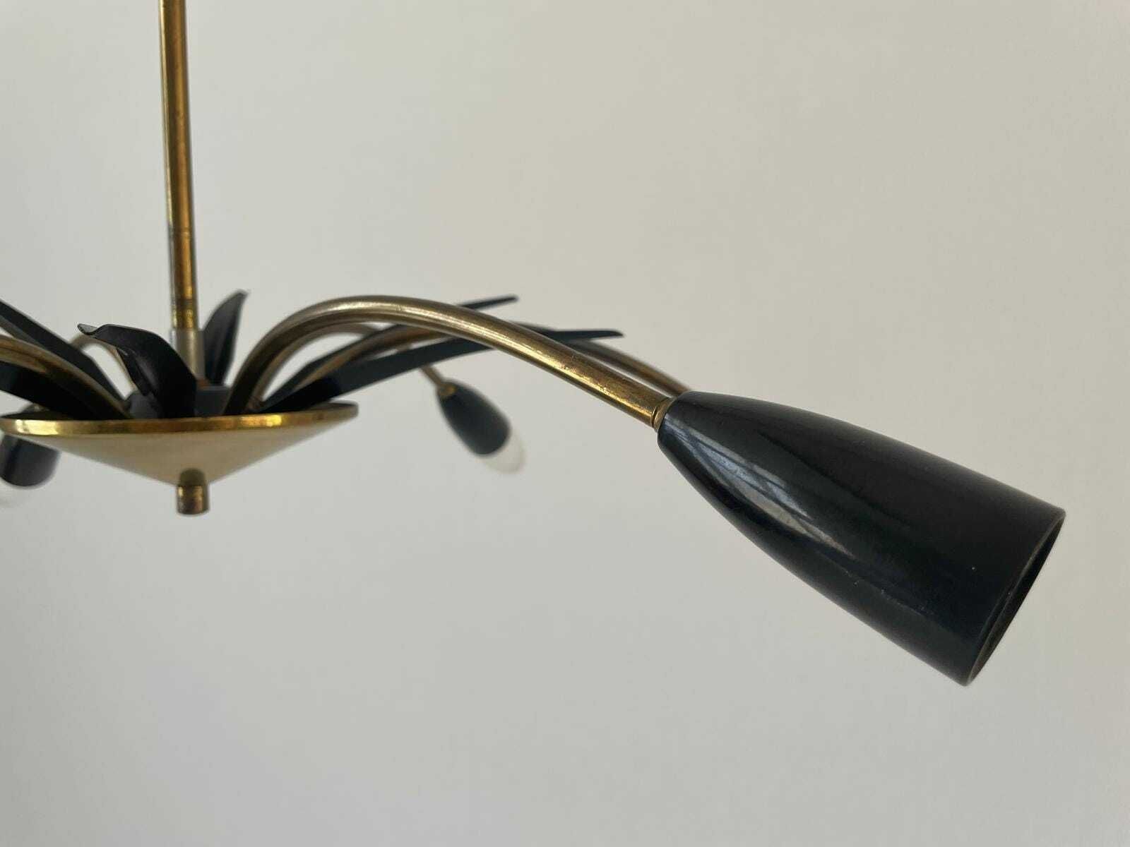 Black Metal & 6 Armed Brass Body Sputnik Ceiling Lamp, 1950s, Germany photo vintage