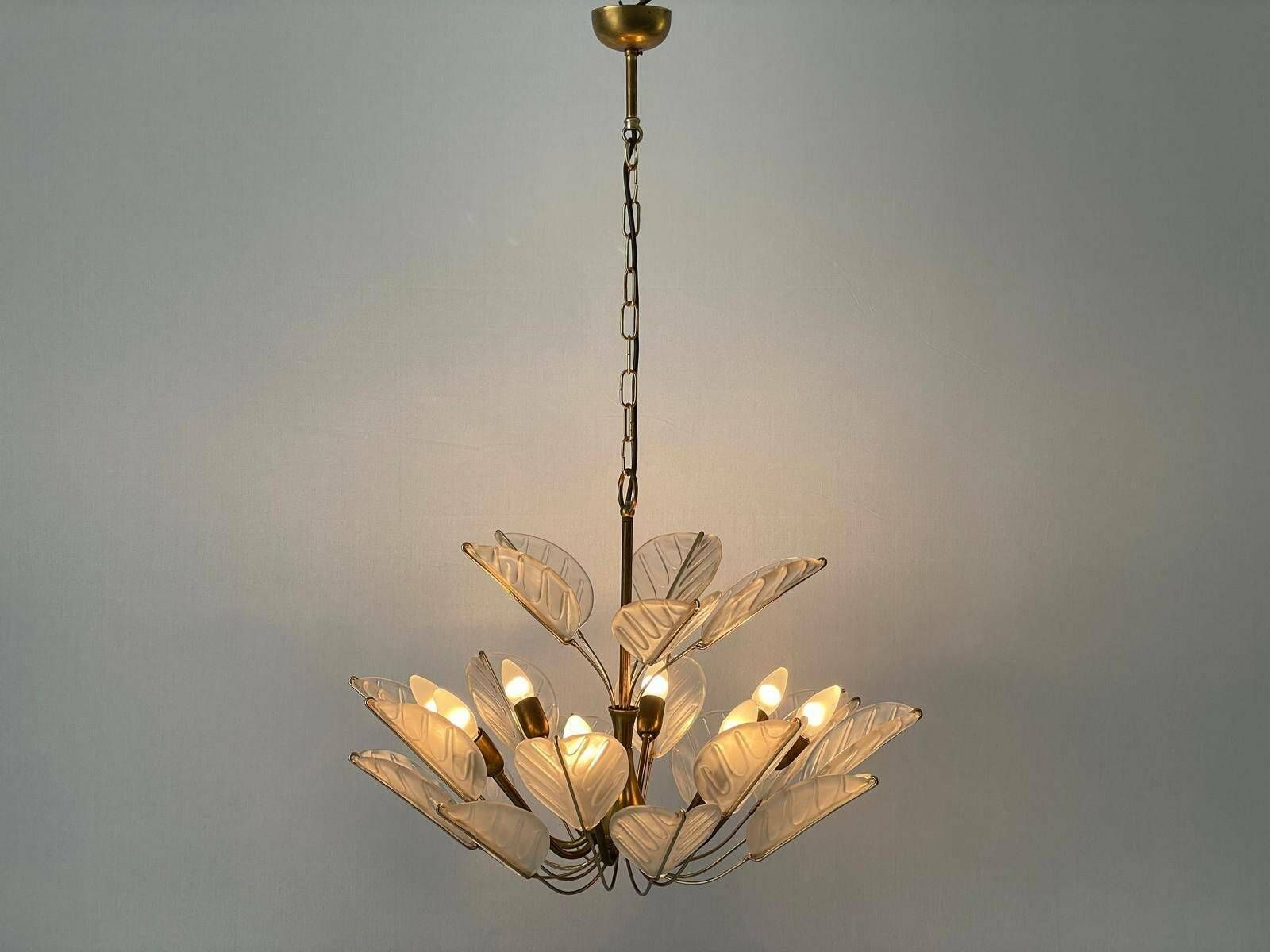 Luxurious 8 Armed Brass Chandelier With Crystal Glass Leaves, Germany, 1960s photo for sale