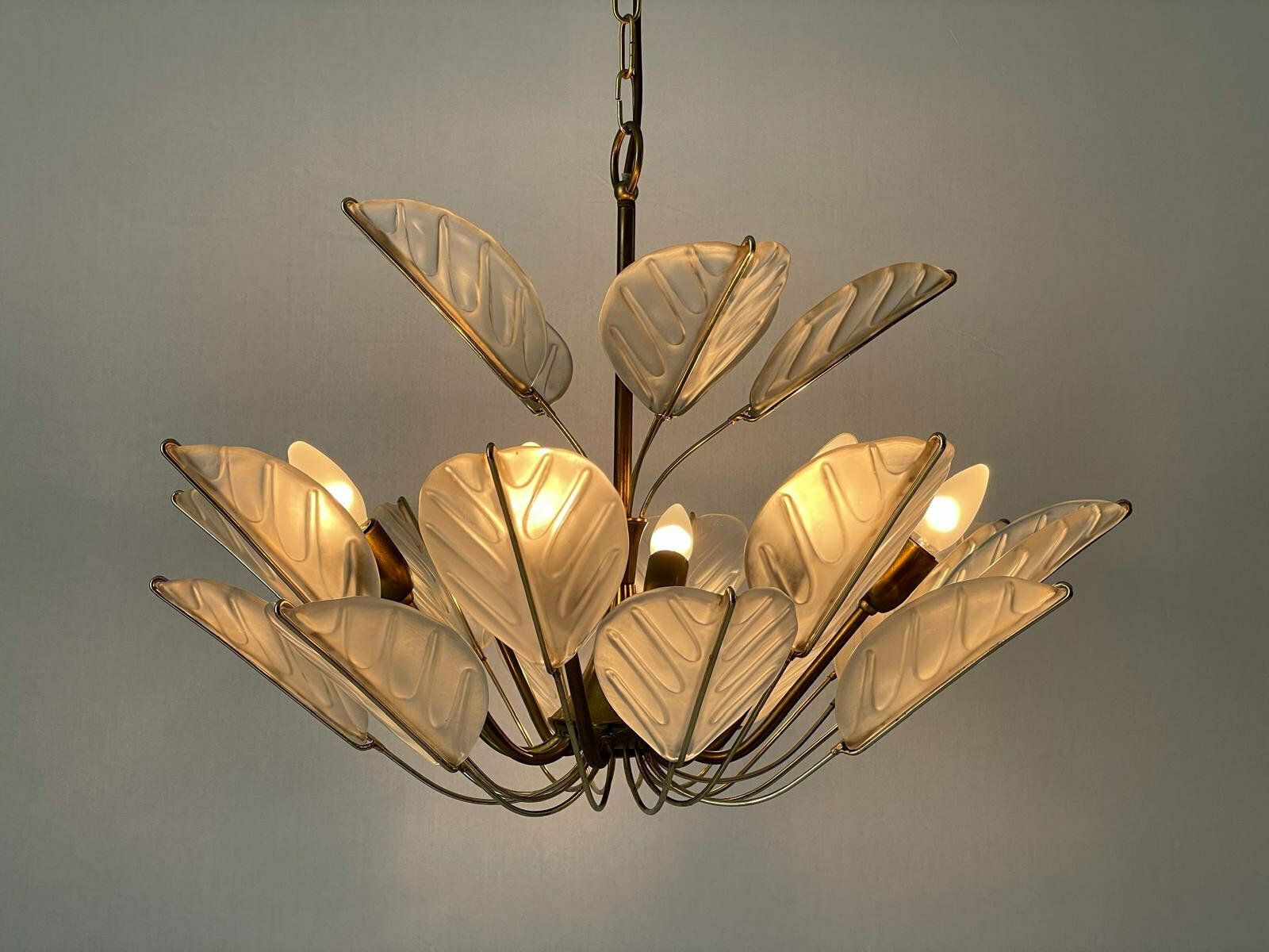 Luxurious 8 Armed Brass Chandelier With Crystal Glass Leaves, Germany, 1960s photo buy
