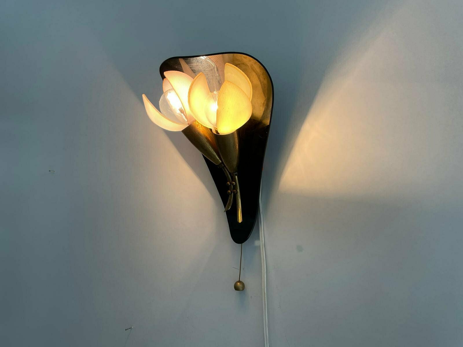 Mid Century Flower Design Brass Single Sconce By Geru With Plexi Pink Green Leaf Detail, W. Germany, 1950s photo Lighting