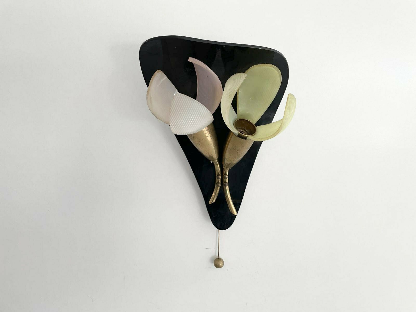 Mid Century Flower Design Brass Single Sconce By Geru With Plexi Pink Green Leaf Detail, W. Germany, 1950s photo buy