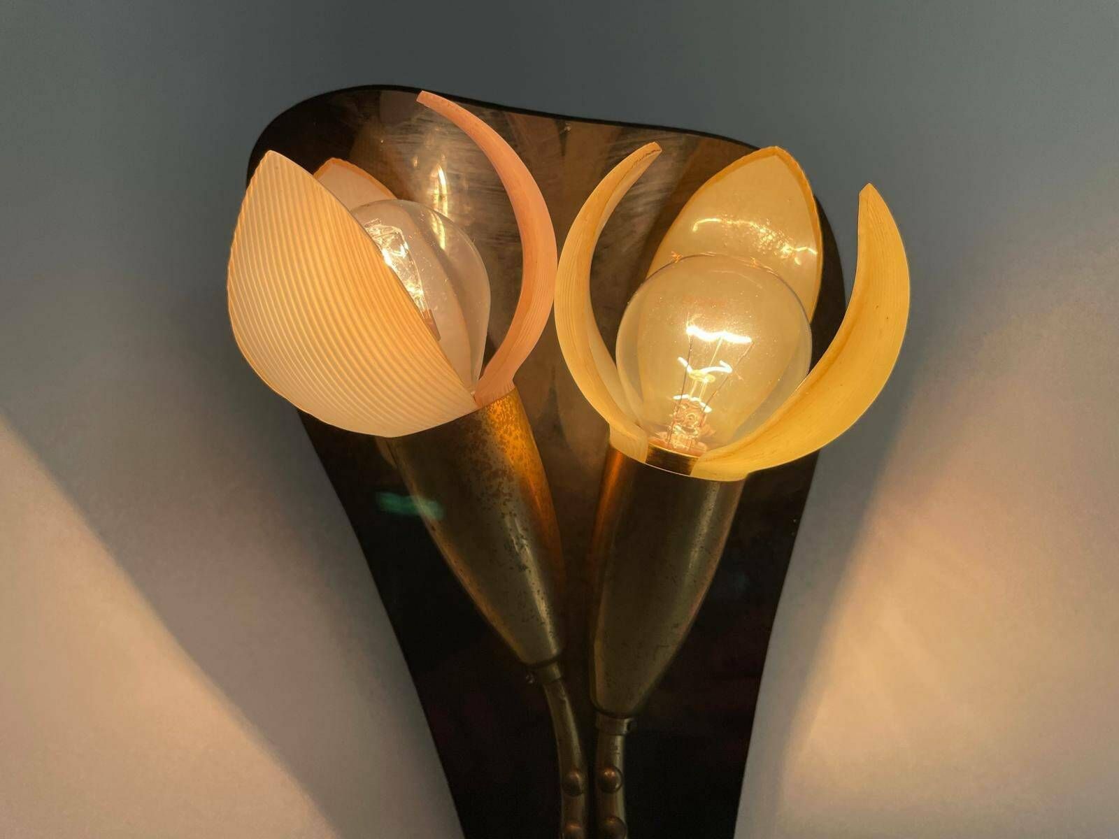 photo for sale Mid Century Flower Design Brass Single Sconce By Geru With Plexi Pink Green Leaf Detail, W. Germany, 1950s