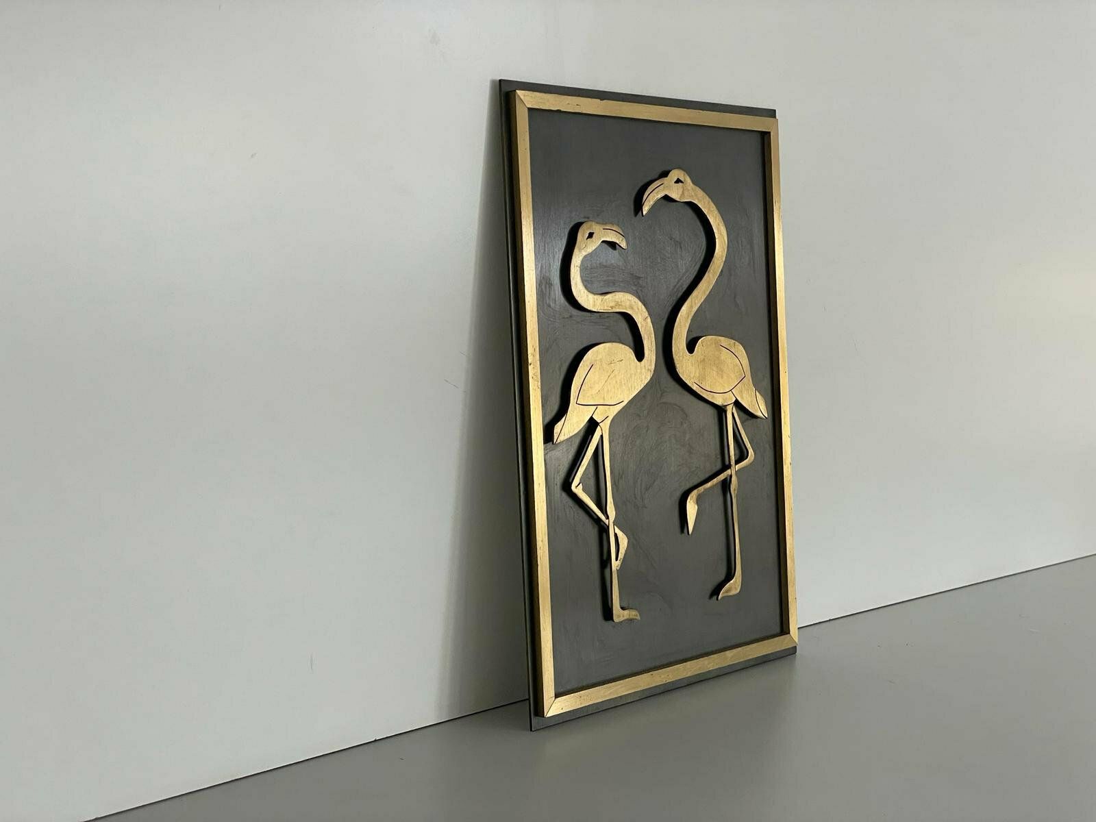 Wonderful Flamingo Couple Brass And Black Metal Backside Wall Art, Germany, 1960s photo for sale