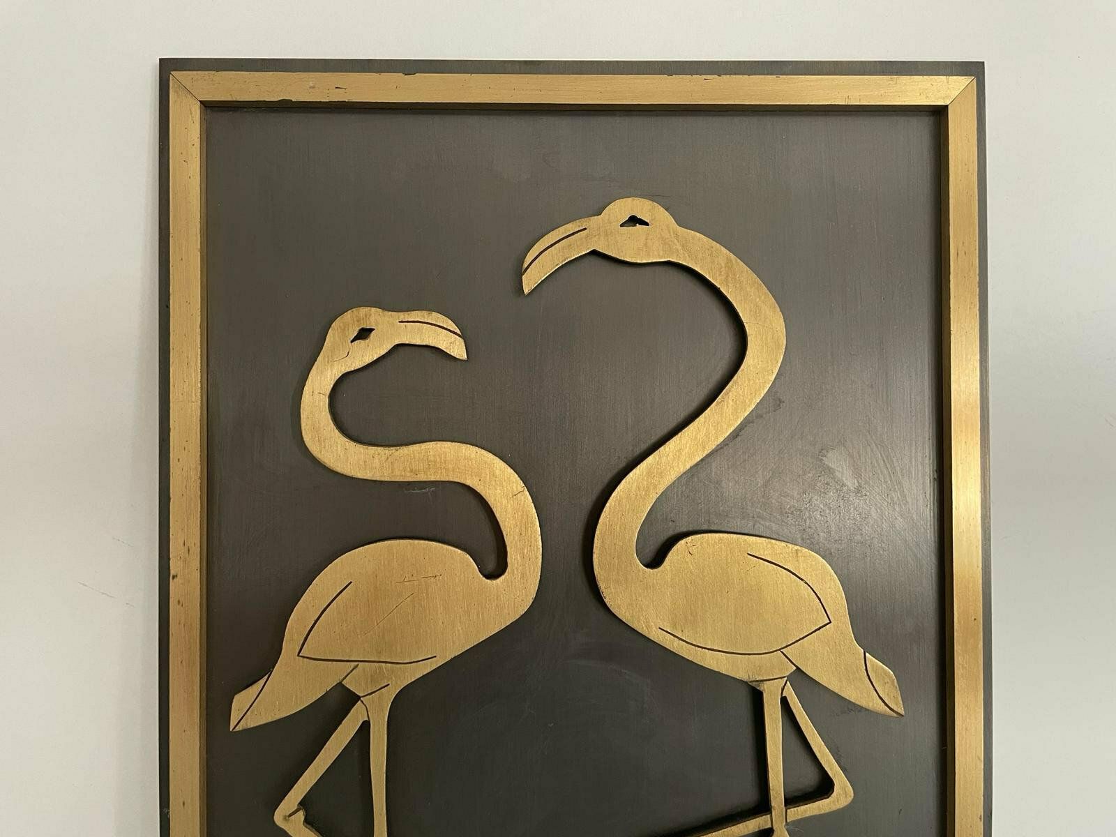 Wonderful Flamingo Couple Brass And Black Metal Backside Wall Art, Germany, 1960s photo vinterior